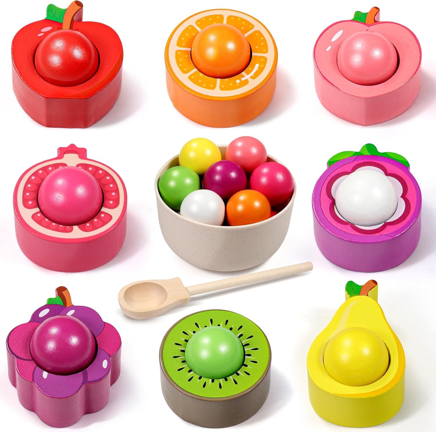 POPOLIC Lernspielzeug Montessori Spielzeug ab 1 2 3 Jahr, Baby Motorikspielzeug (Obst Holzspielzeug für Farbsortierung und Zählen), Geschenk für Mädchen Jungen 1 2 3 Jahre