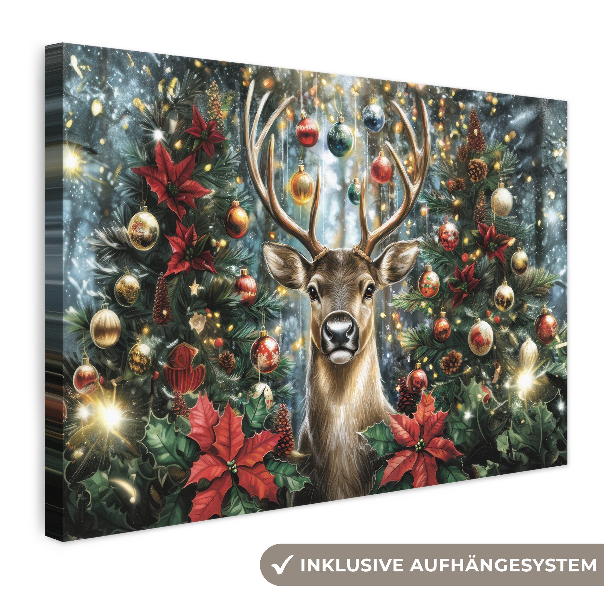 OneMillionCanvasses® Leinwandbild Weihnachtsfeier - Tannenwald - Rot, Fotodruck (1 St), Leinwand Bilder Klein, Wand Dekoration Aesthetic 30x20 cm