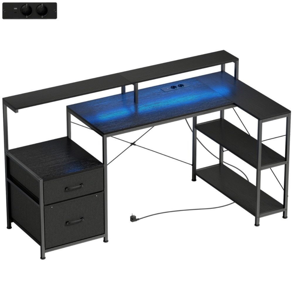 MIBODE Spieltisch Gaming Tisch L-förmig LED Steckdosen Doppelmonitorhalter 165cm Schwarz