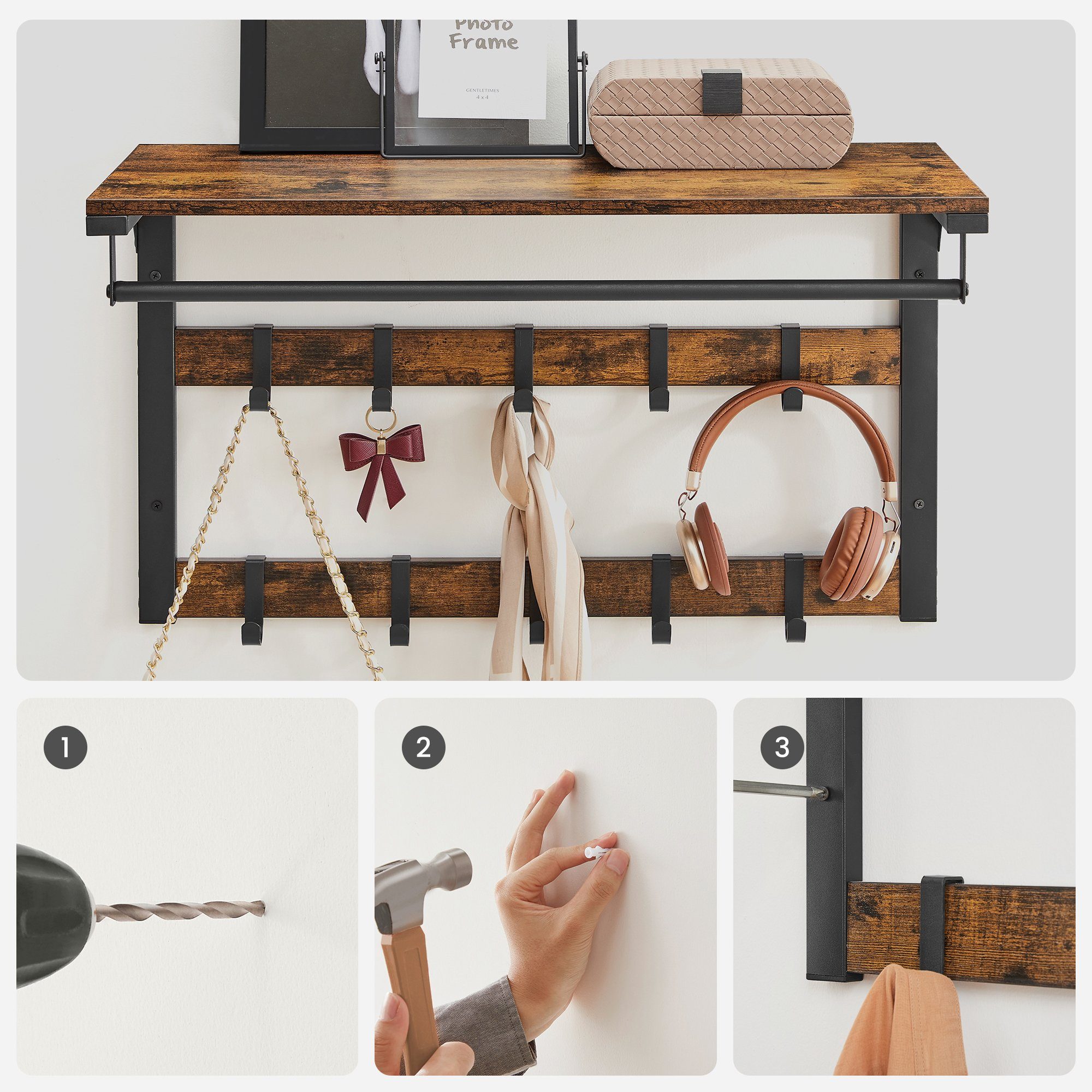 VASAGLE Garderoben-Set Wandgarderobe Metallgestell, Industrie-Design, 2 Set, mit Ablage und 10 Haken, Schuhbank mit 3 Ebenen – Bild 4 von 5