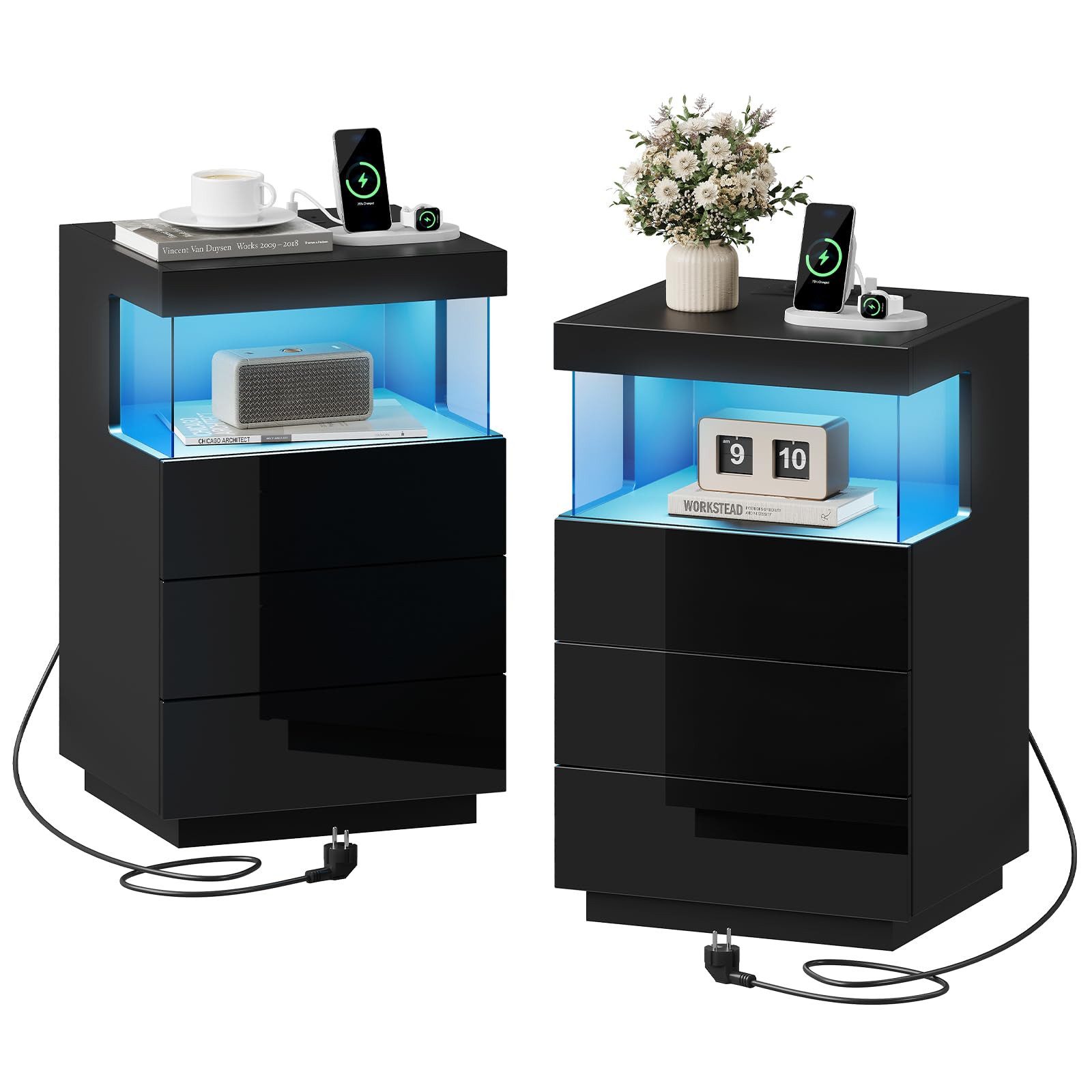 Dripex Nachttisch Nachttisch 2er Set mit Steckdose, 3 Schubladen LED Beistelltisch Weiß, Aus hochwertigen Spanplatten und MDF-Platten gefertigt