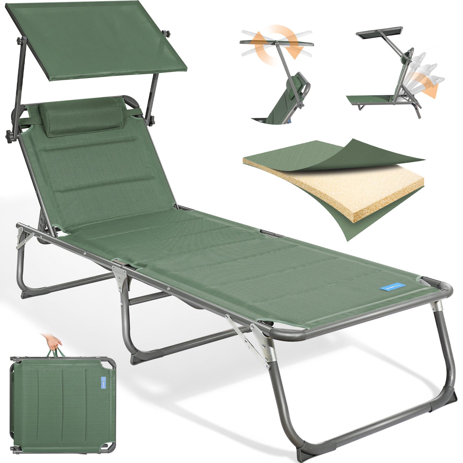 HOMECALL Gartenliege Sonnenliege AluLiege Liegestuhl Strandliege Liegen, klappbar, Textilene Mit Dickem Schwamm, Verstellbare Rückenlehne, Sonnenblende, Kopfpolster, bis 180KG