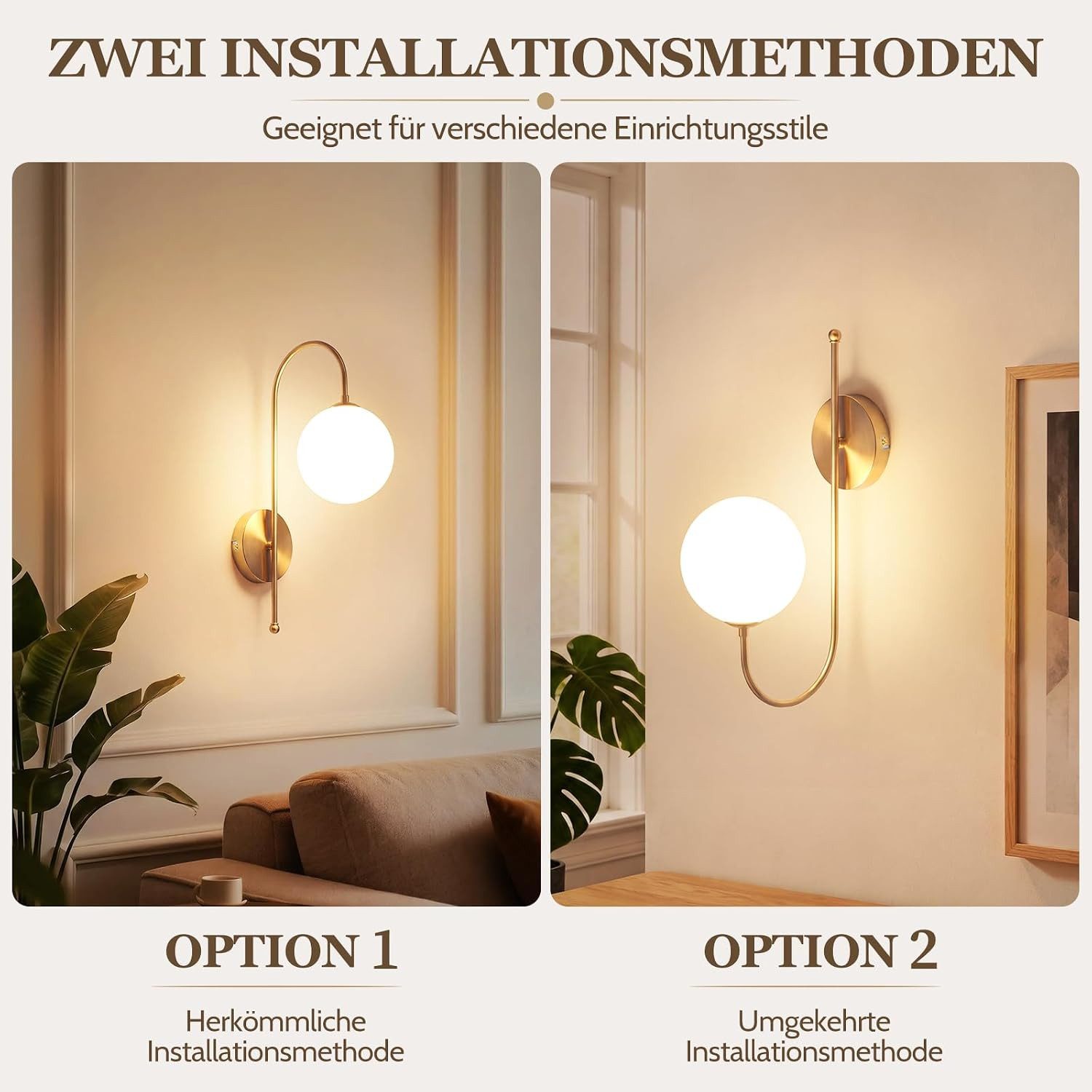 ZMH Wandleuchte G9 Wandleuchte Gold Ø47 cm mit Glaskugel, ohne Leuchtmittel, ohne Leuchtmittel, G9-Fassung,Milchglas, goldfarben