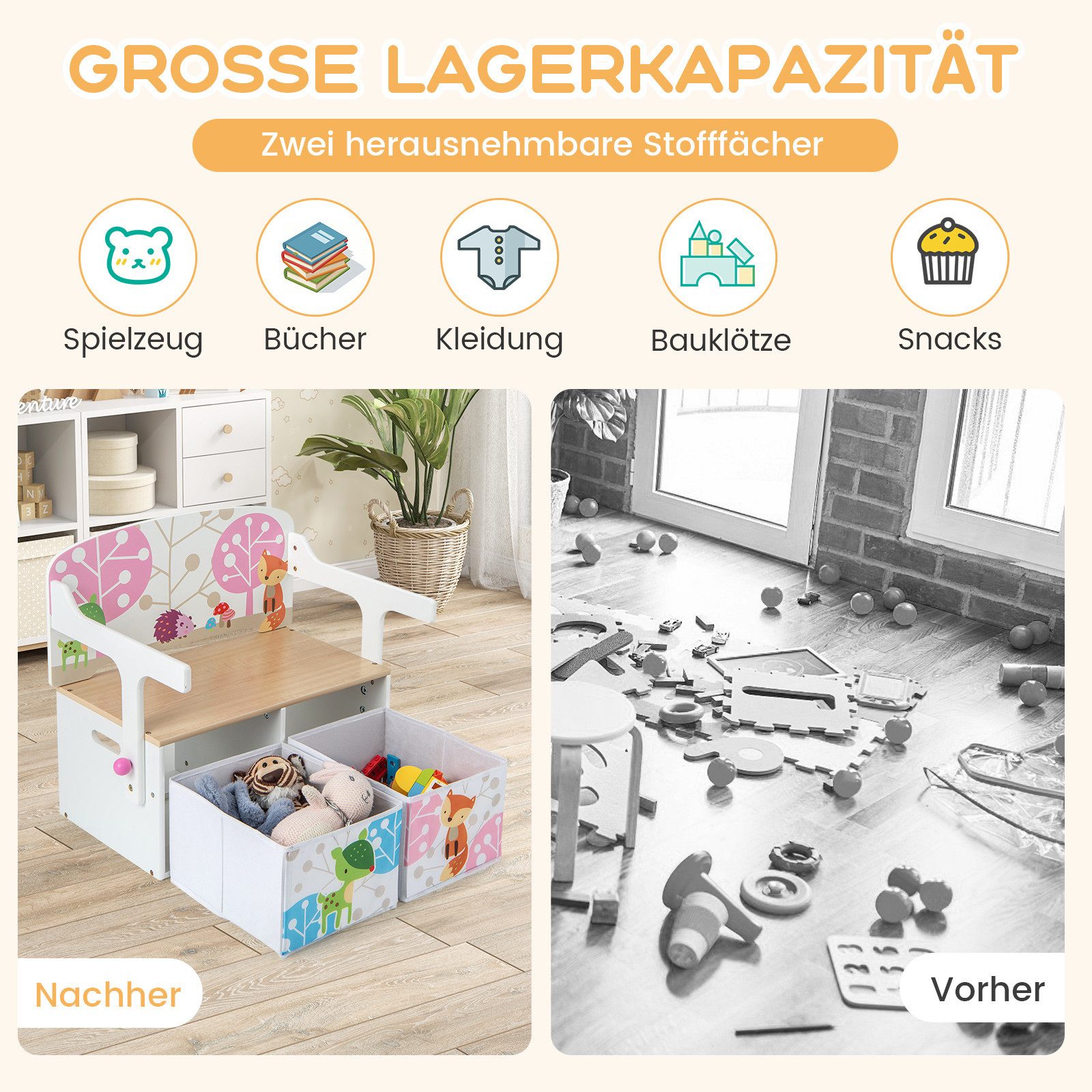 COSTWAY Truhenbank, 3 in 1 Kinder Bank, Sitzgruppe mit Aufbewahrung