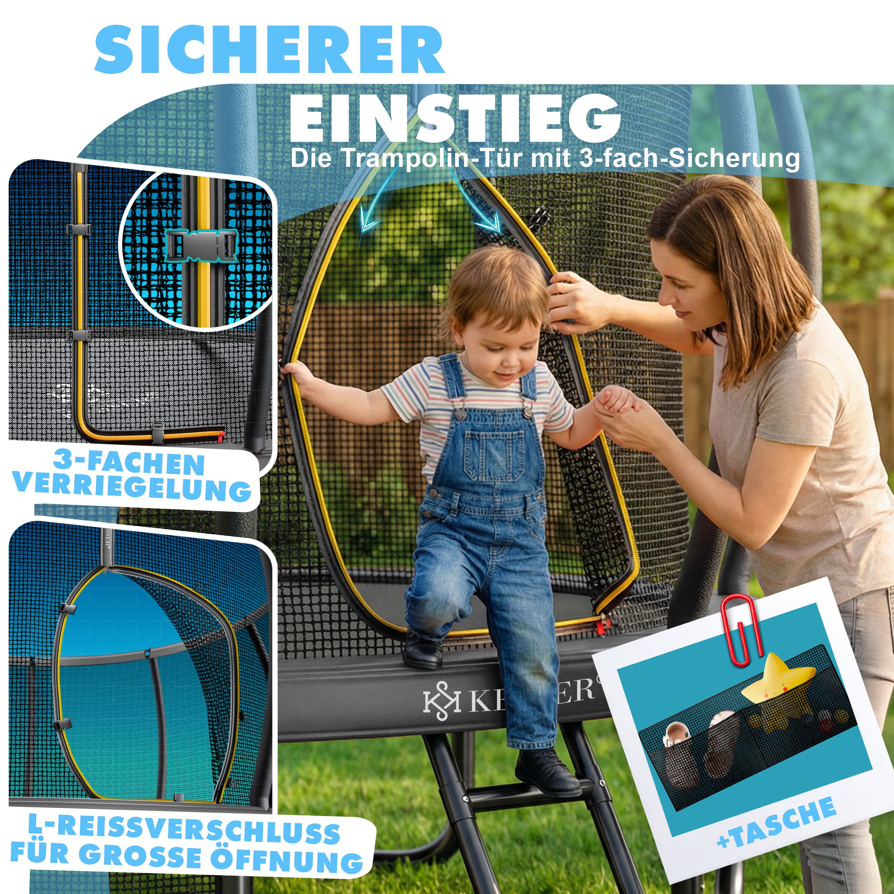 KESSER Gartentrampolin Trampolin Outdoor GS-geprüft Ø 244cm für Kinder bis 50kg, Ø 244 cm, inklusive Sicherheitsnetz, Tasche, Leiter, Randabdeckung & Netzstange – Bild 4 von 5