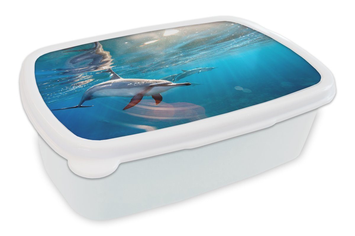MuchoWow Lunchbox Delphin - Sonne - Wasser, Kunststoff, (2-tlg), Brotbox für Kinder und Erwachsene, Brotdose, für Jungs und Mädchen weiß