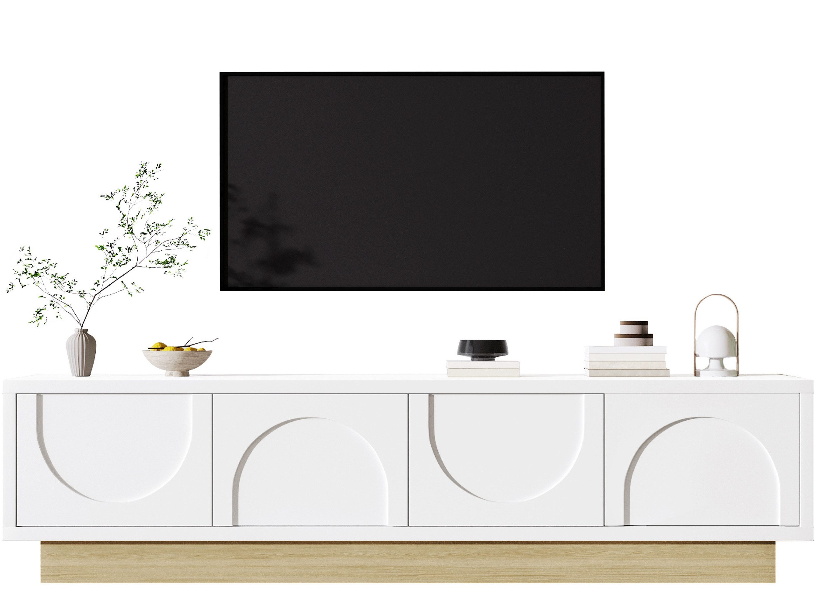 SeedWave Lowboard TV Schrank Ferntisch für Wohnzimmer mit 4 Grifflosen Schranktüren, Fernsehschrank mit Kabeldurchführung, Rückprallstellsetzung