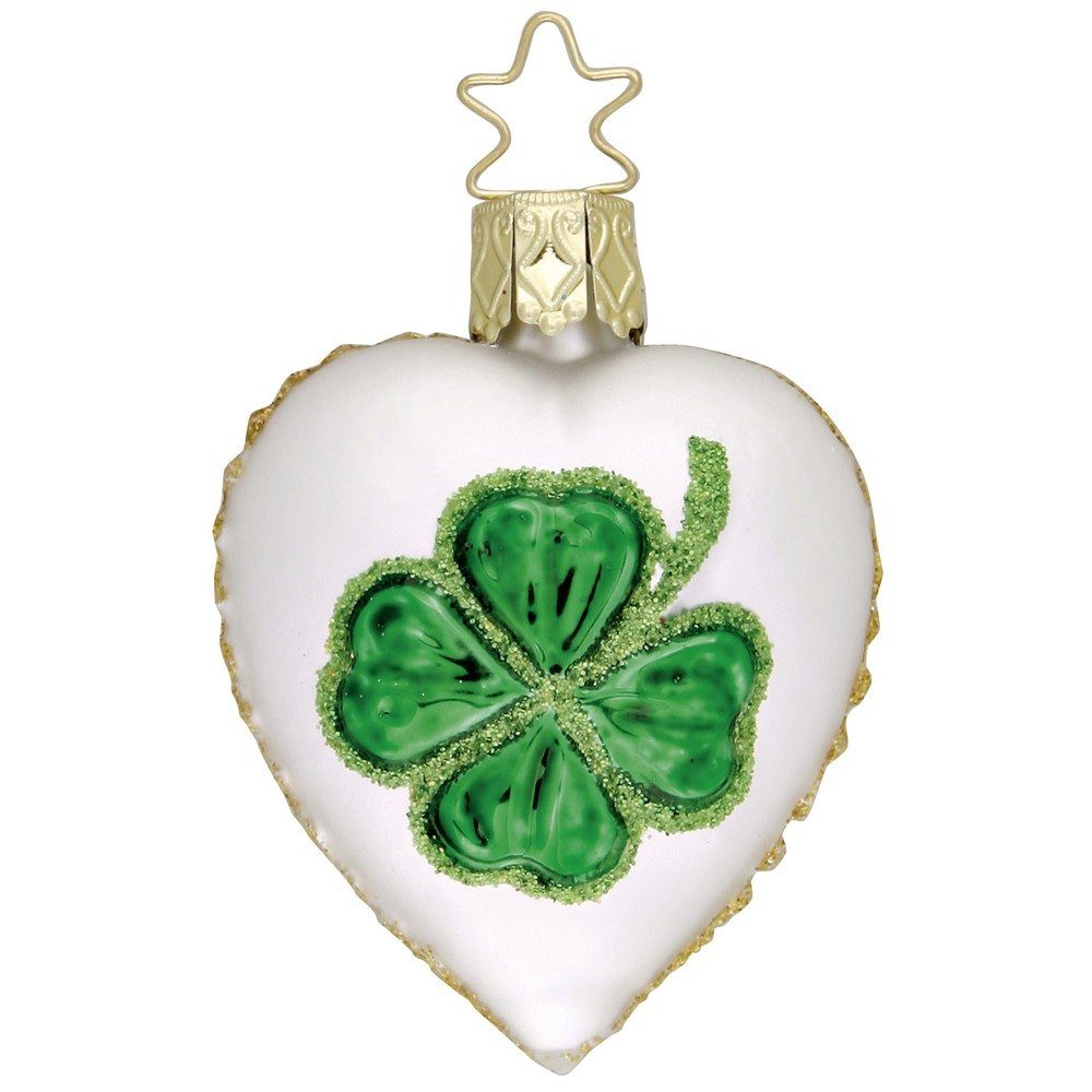 INGE-GLAS® Christbaumschmuck, Christbaumschmuck Herz mit Kleeblatt Glas 6cm weiß / grün, 1 Stück