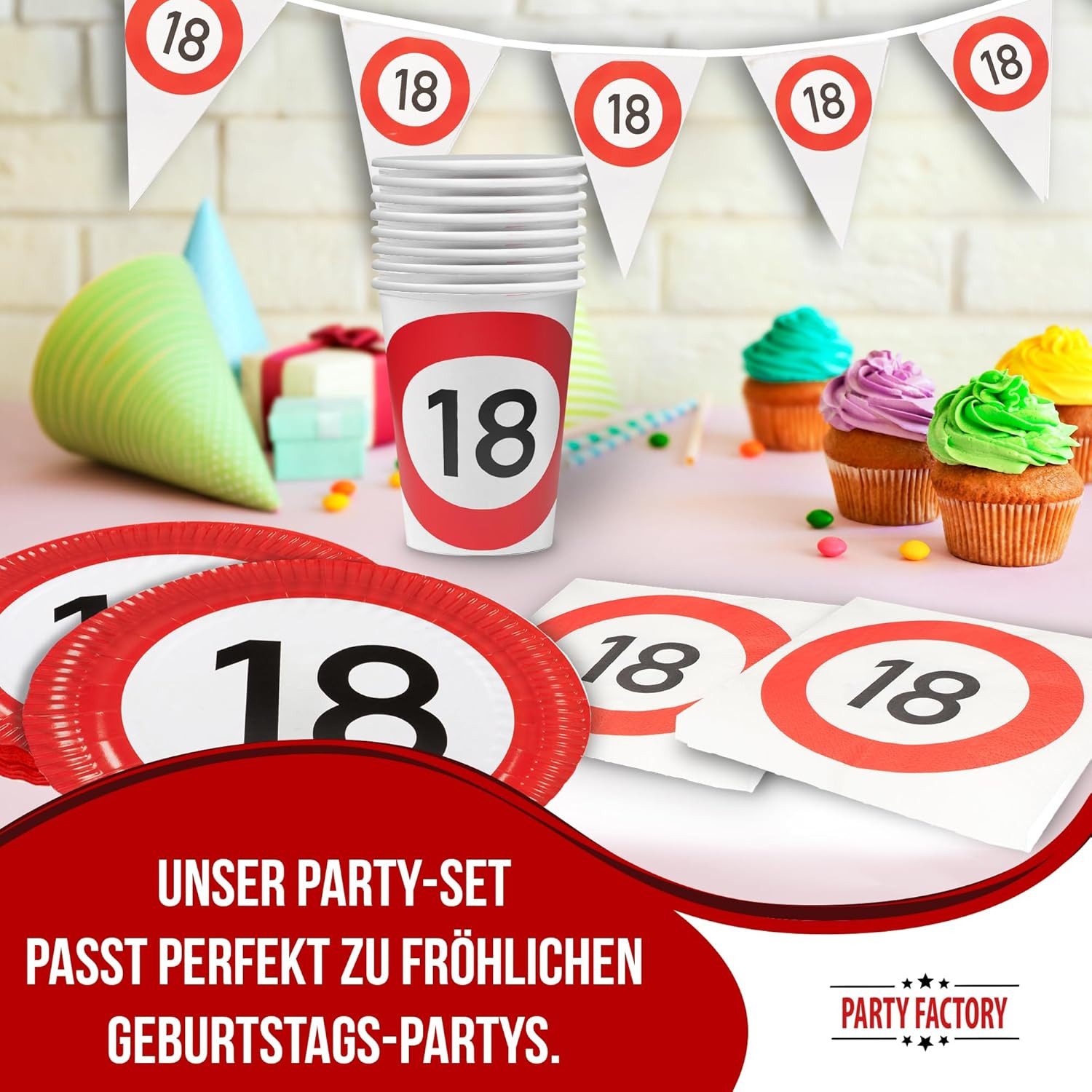 Party Factory Geschirr-Set Happy Birthday 18 – 4-tlg Partyset mit Geschirr und Wimpelkette, 8 Personen, im witzigen witzige Verkehrsschilder-Design