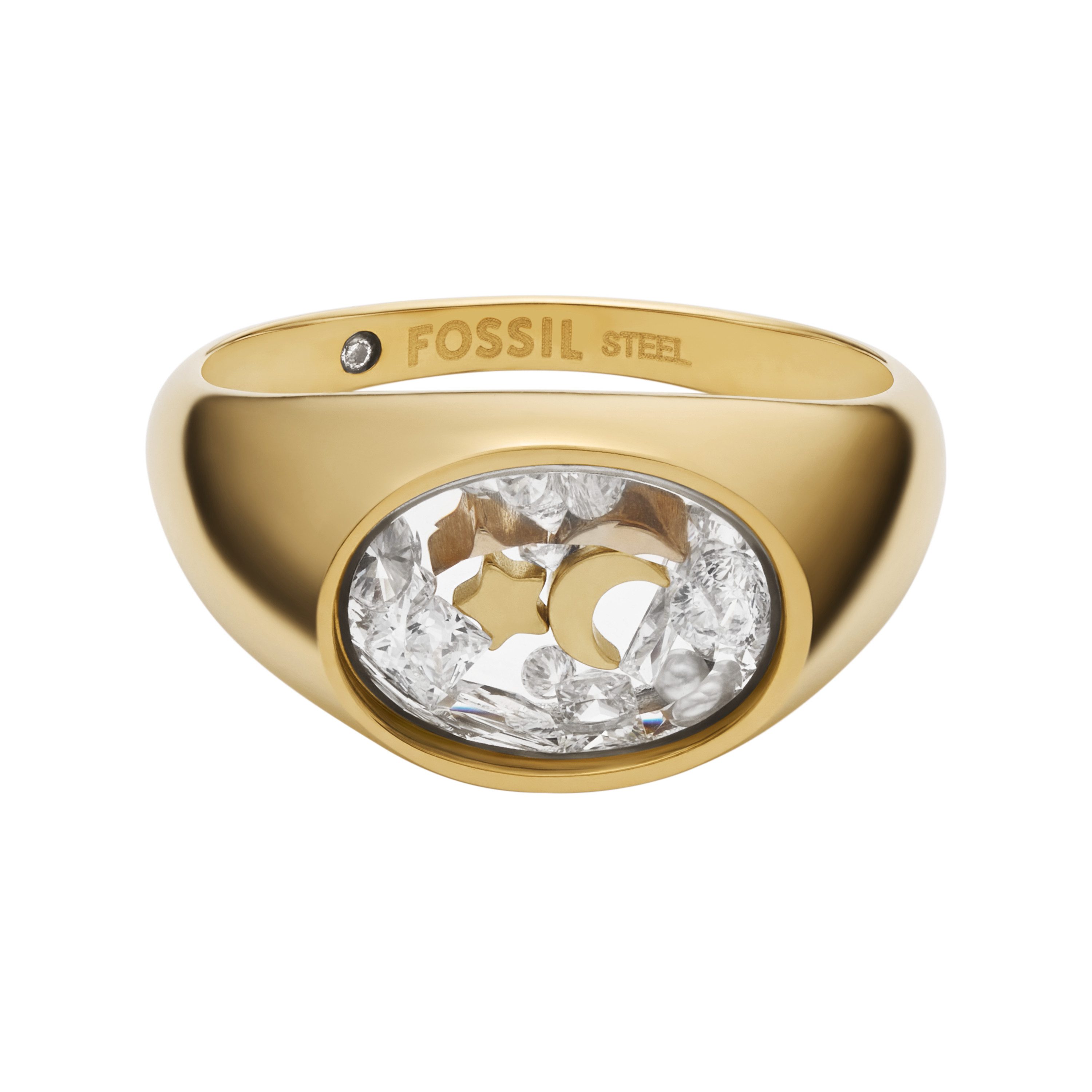 Fossil Fingerring Schmuck Geschenk Edelstahl SADIE Mond Stern, mit Zirkonia (synth) - mit Perle (synth)