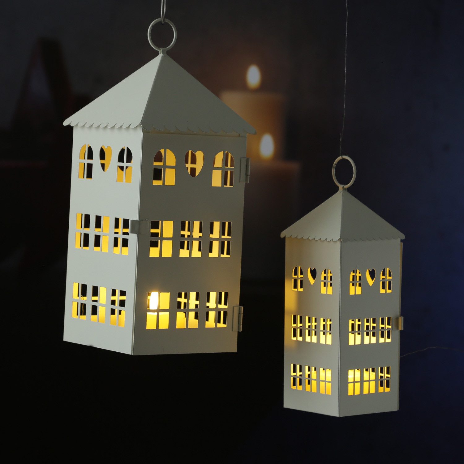 MARELIDA Laterne Windlicht in Haus Form mit Herzen Metallhaus Lichthäuser 2er Set weiß (2-St)