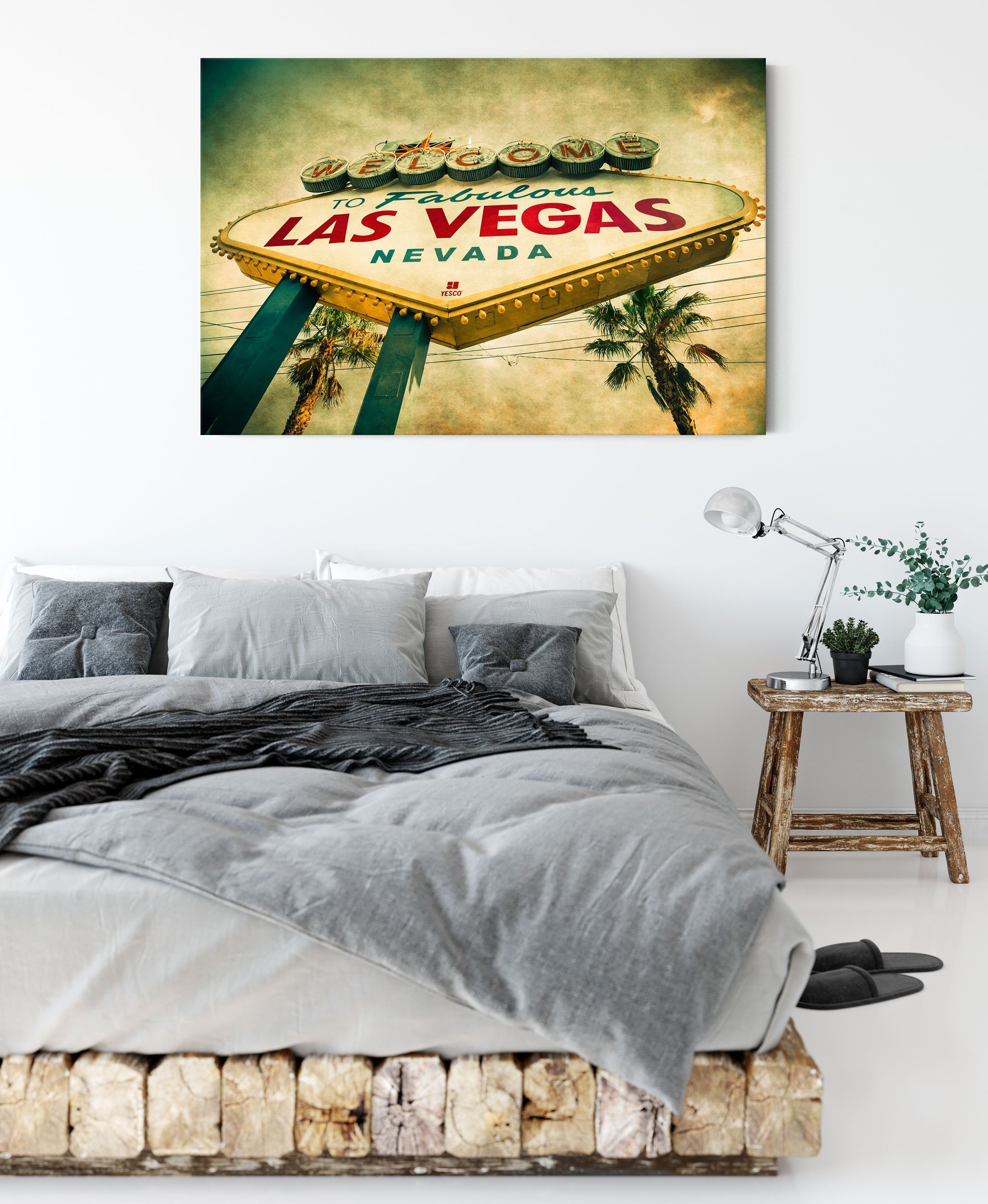 Ortsschild (1 fertig Leinwandbild Leinwandbild Ortsschild, bespannt, Las Pixxprint Vegas inkl. Vegas Las St), Zackenaufhänger