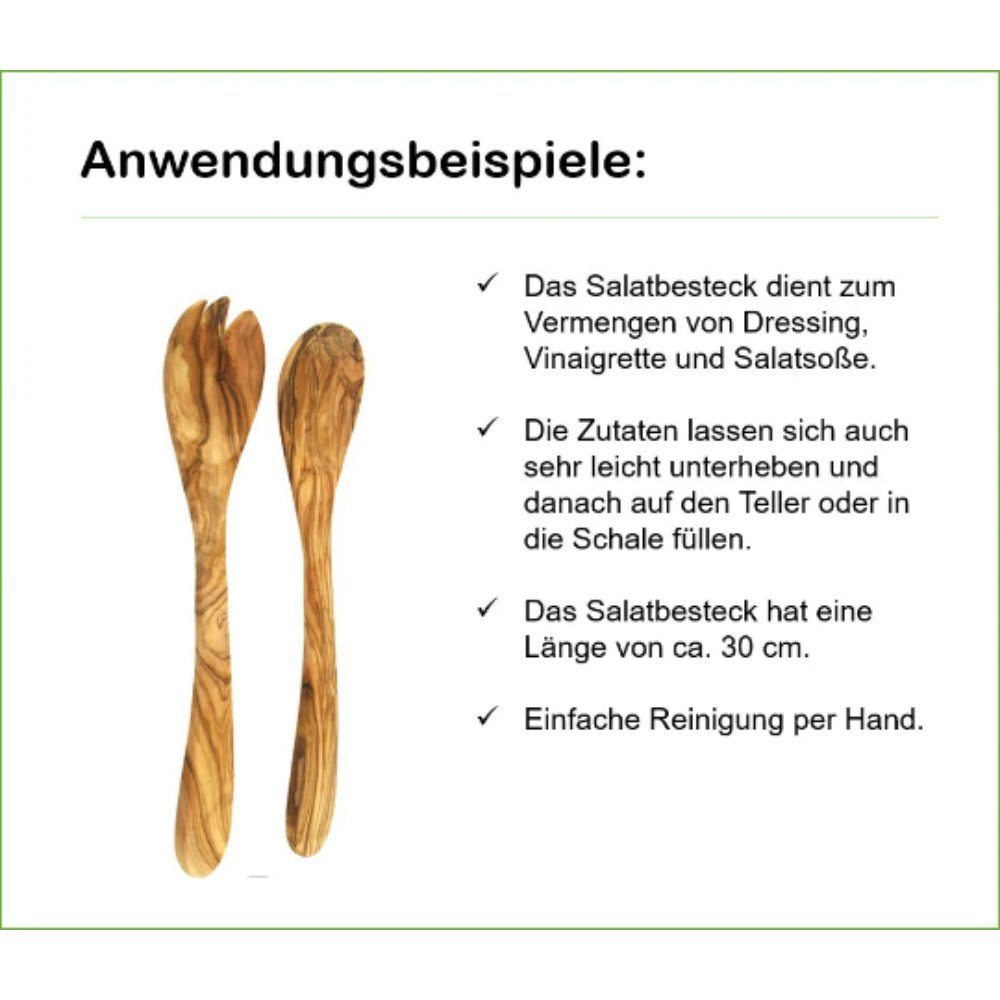 Olivenholz-erleben Salatbesteck MITTEL aus Olivenholz, Länge ca. 30 cm (Set, 2-tlg., 1x Salatgabel und 1x Salatlöffel), antibakterielle Wirkung, lebensmittelech – Bild 4 von 5