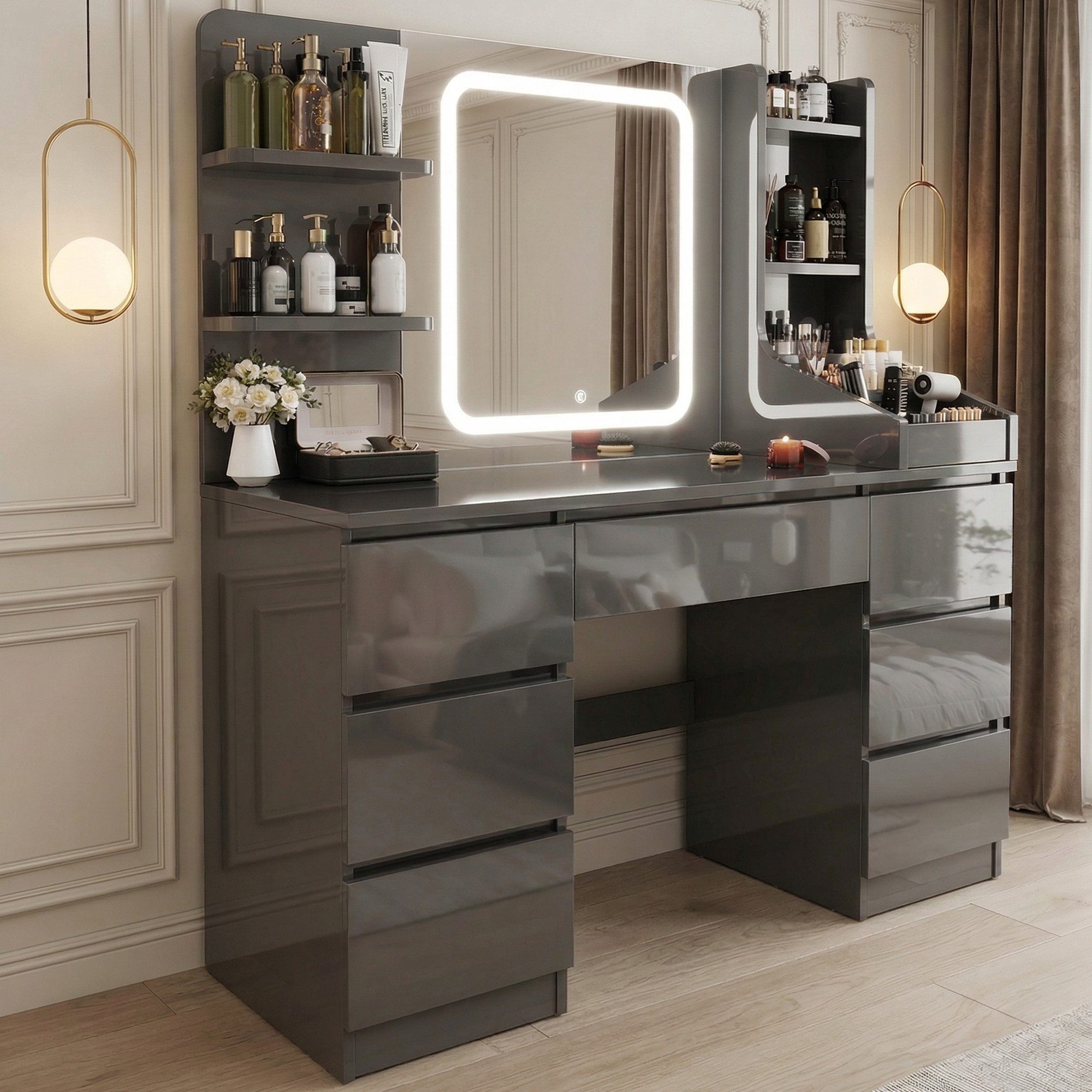 HOMALL Schminktisch Schminktisch Spiegel und LED Mit 7 Schubladen 8 Ablagefächern ostern (GroBe: 110 40*139 cm Einstellbare drei Farbtemperaturen, um thr perfektes Make-up zu prasentieren ostern geschenke)