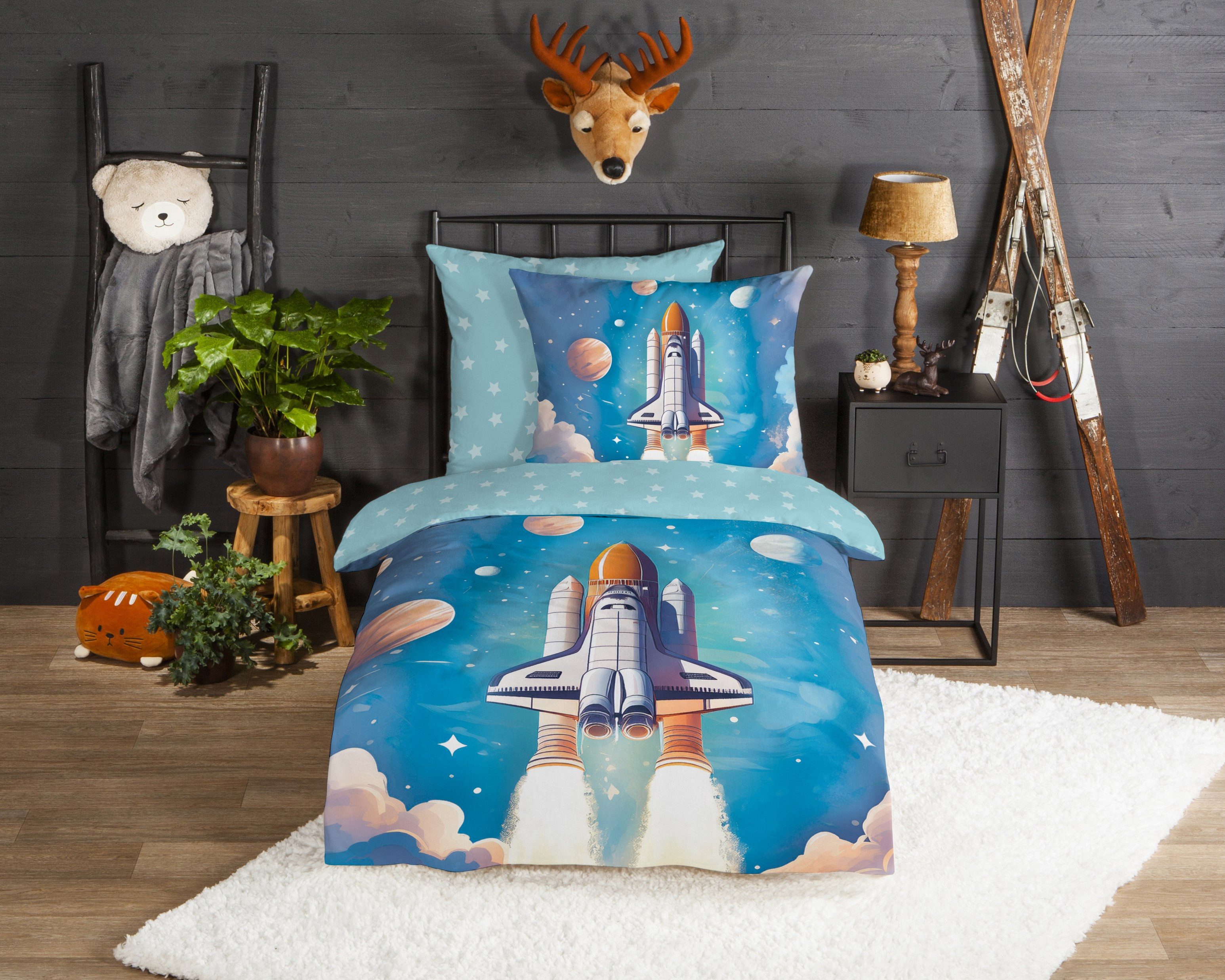 good morning Babybettwäsche Good Morning Kids Flanell Bettwäsche 135x200 Fred Rakete blau Wende, Baumwolle, 2 teilig, kuschelweich, perfekt fürs Kinderzimmer