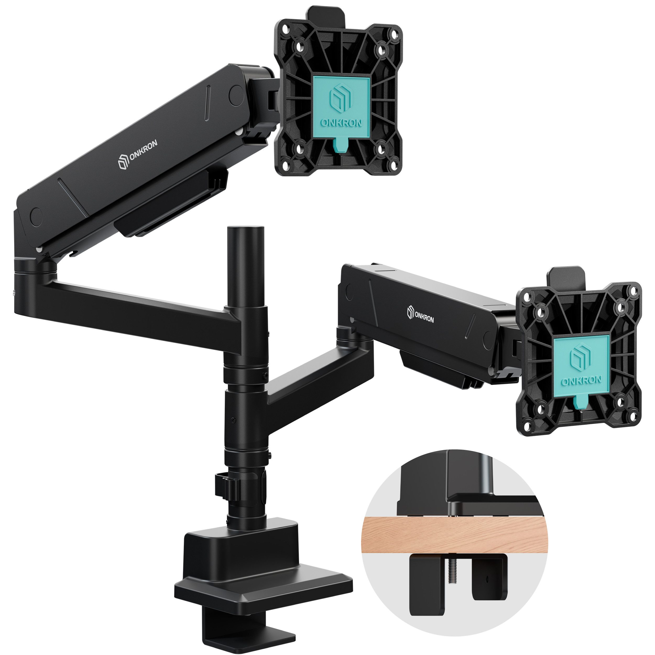 ONKRON Monitor-Halterung 17-45 Zoll, bis 15 kg pro Arm, VESA 75x75-100x100, G140-B, (bis 32 Zoll, neigbar, schwenkbar, drehbar, höhenverstellbar, Schnellverschluss)