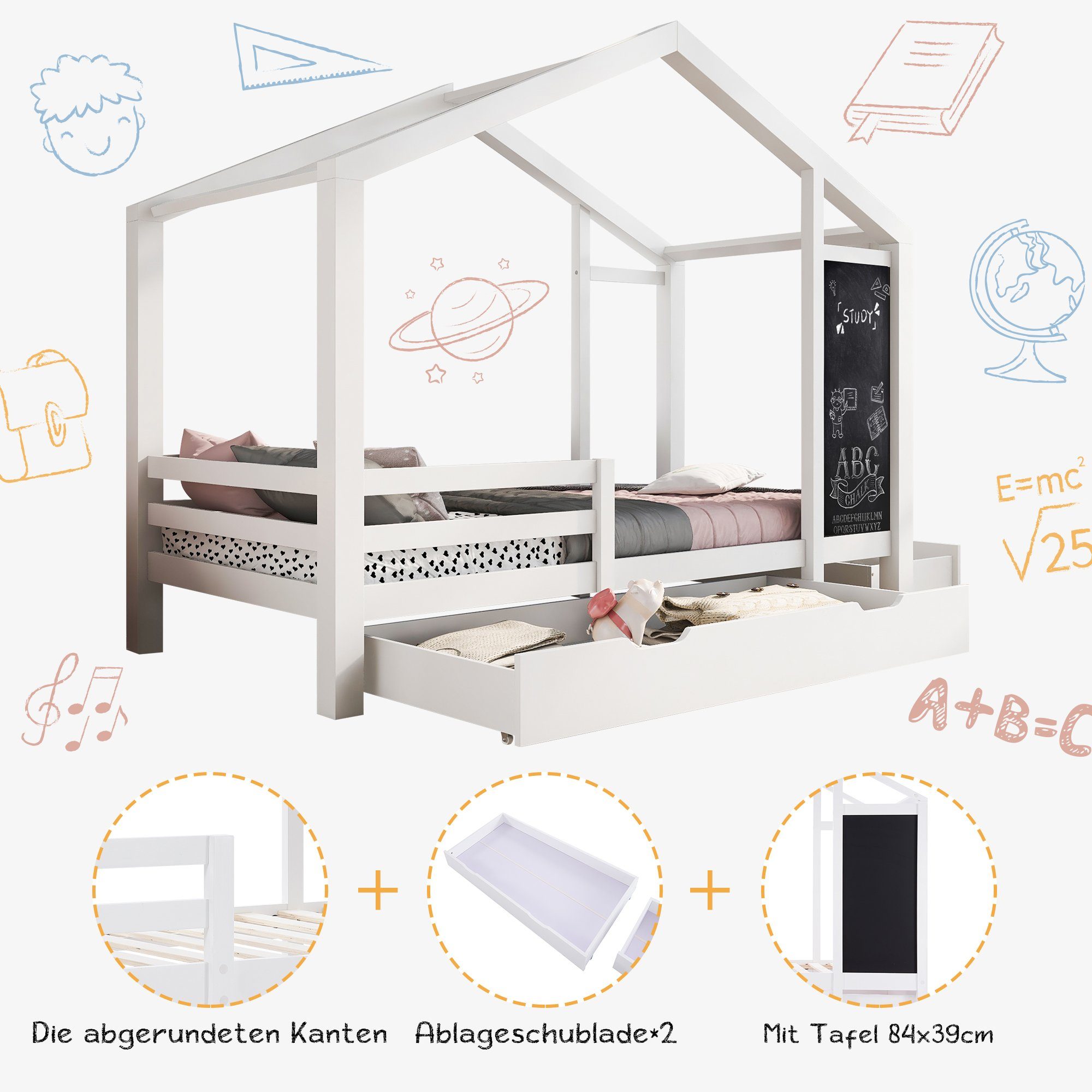 90x200cm Kiefer Schubladen Kinderbett, Tafel und 2 mit Flieks Hausbett