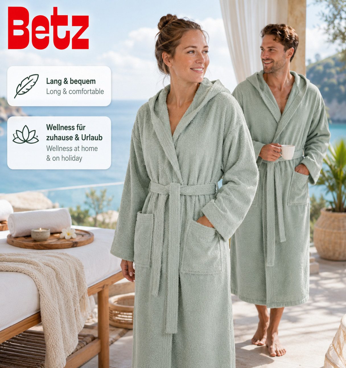 Betz Bademantel Saunamantel mit Kapuze BERLIN für Herren und Damen, Wadenlang, 100% Baumwolle, Kapuze, gürtel
