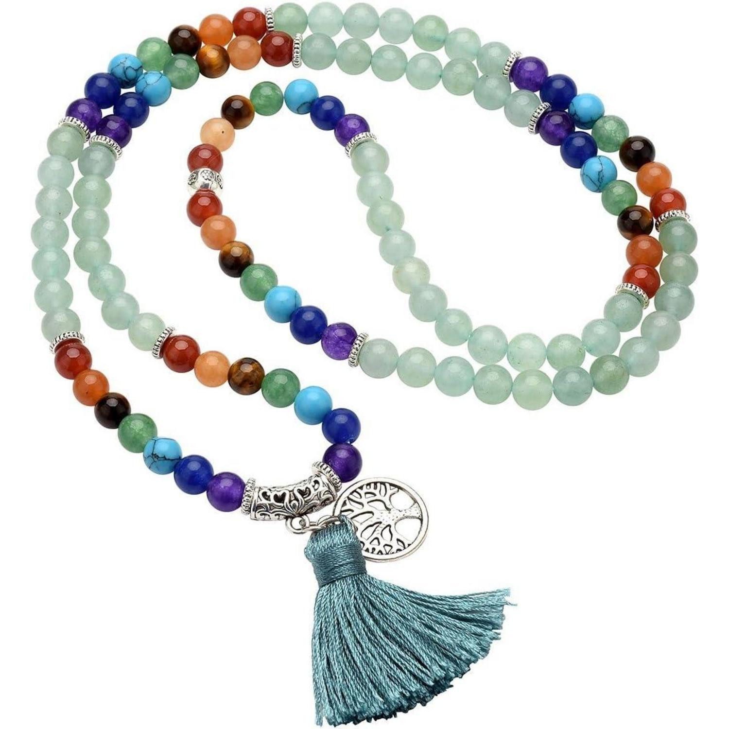 LuxusKollektion Perlenkette Mala Kette 108 Perlen Edelstein 7 Chakra Lebensbaum Grünes Aventurin