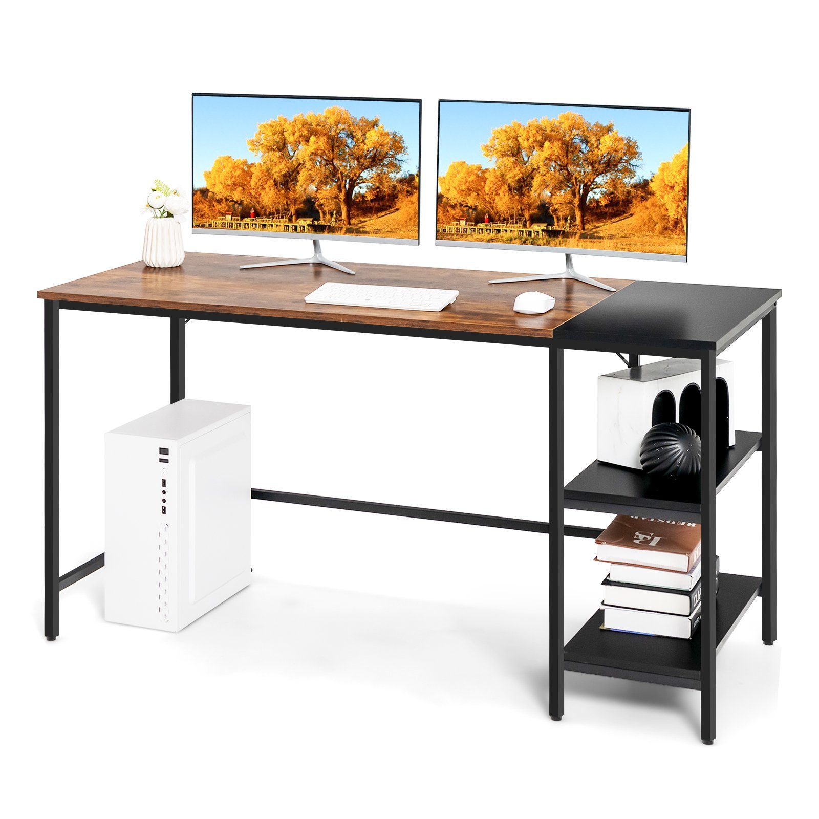 COSTWAY Schreibtisch, mit 2-stufiger Regale, zweifarbig, 140cm lang Schwarz, Rustikales Braun