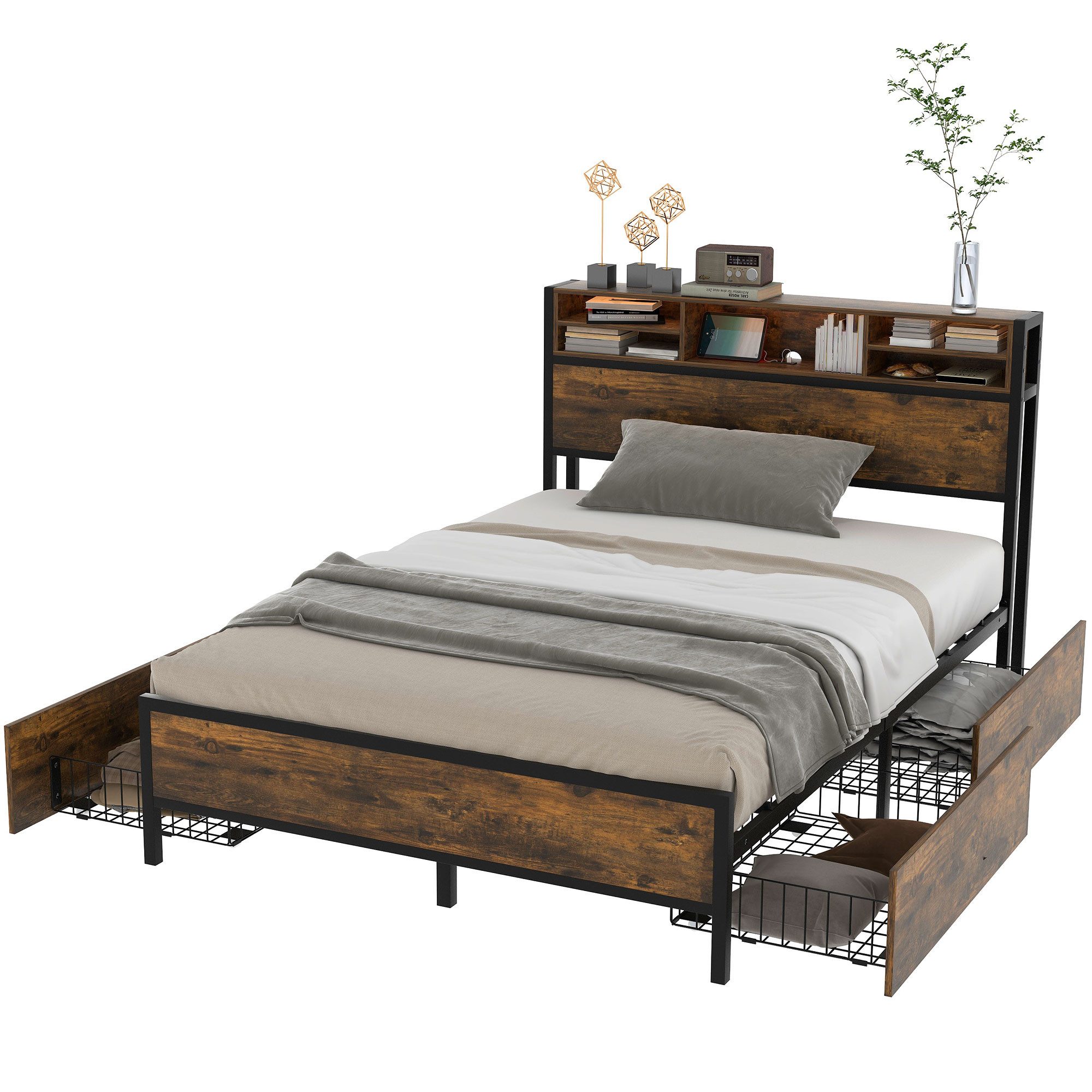 OKWISH Metallbett Doppelbett mit Lattenrost und Kopfteil, LED-Bett mit USB-Ladeanschluss (140*200cm, mit 4 Schubladen für Erwachsene und Junioren, Staufunktion), ohne Matratze