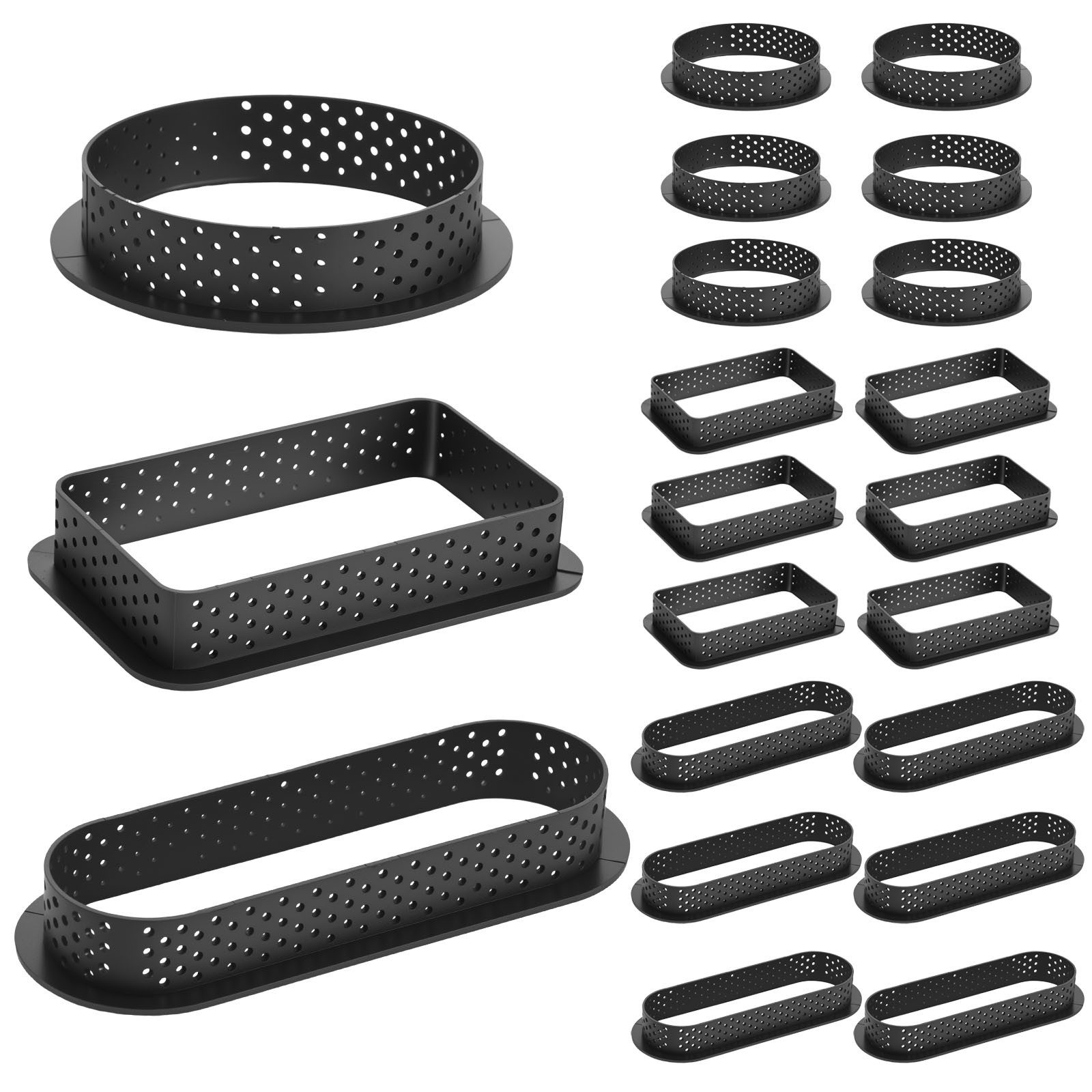 BlingBin Tarteform Dessertringe Formenset 18stk Tartelette Förmchen Kuchenform Perforiert, (18er Set 18-tlg), Mit Kreis/Rechteck/Oval Mini Ausstecher Kuchenringe, Backformen Set