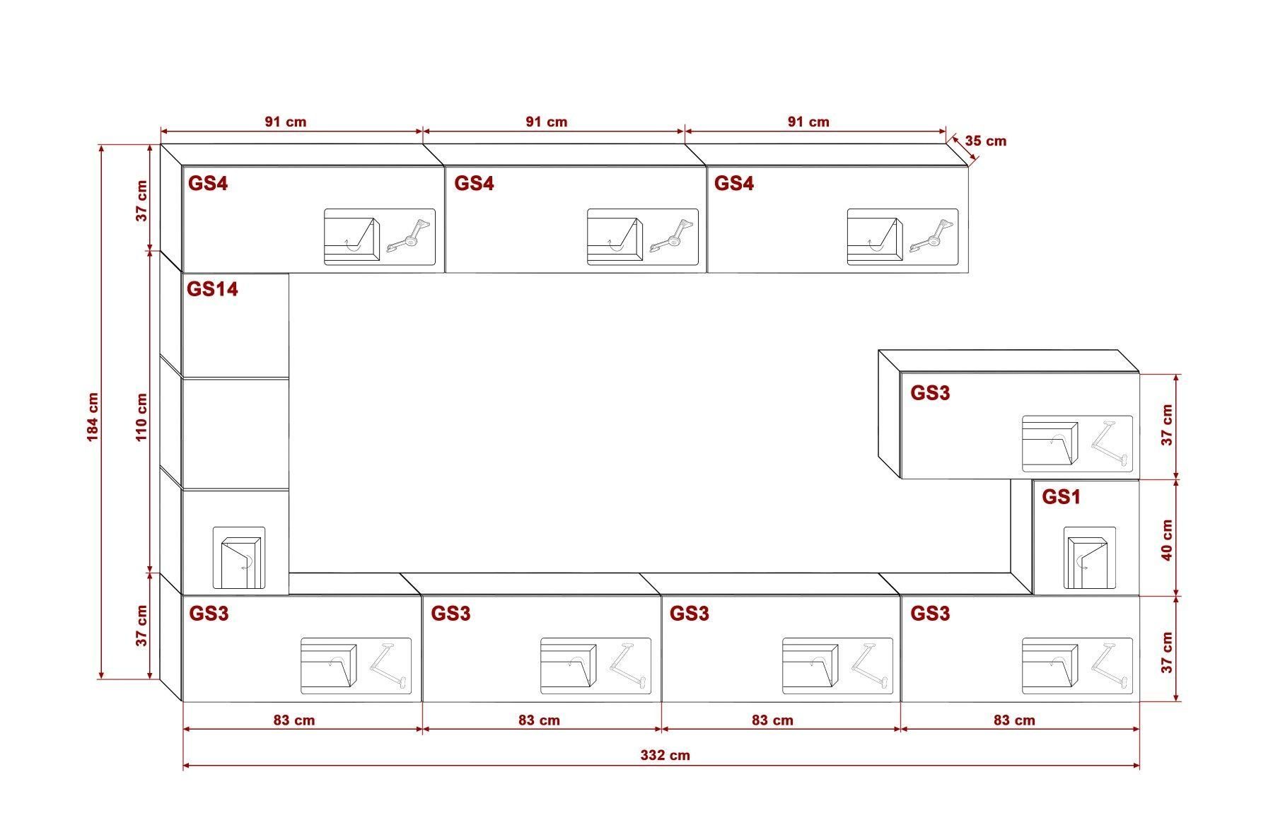 - Royal Material ROYAL24_MARKT Elegantes Eleganz), Wohnwand und Wohnwand - / (Komplett Weiß-Gold dein - - Set, Hochwertige Wohnzimmer, Eiche 10-St., Premium - Design Qualität Innovation Beleuchtung für