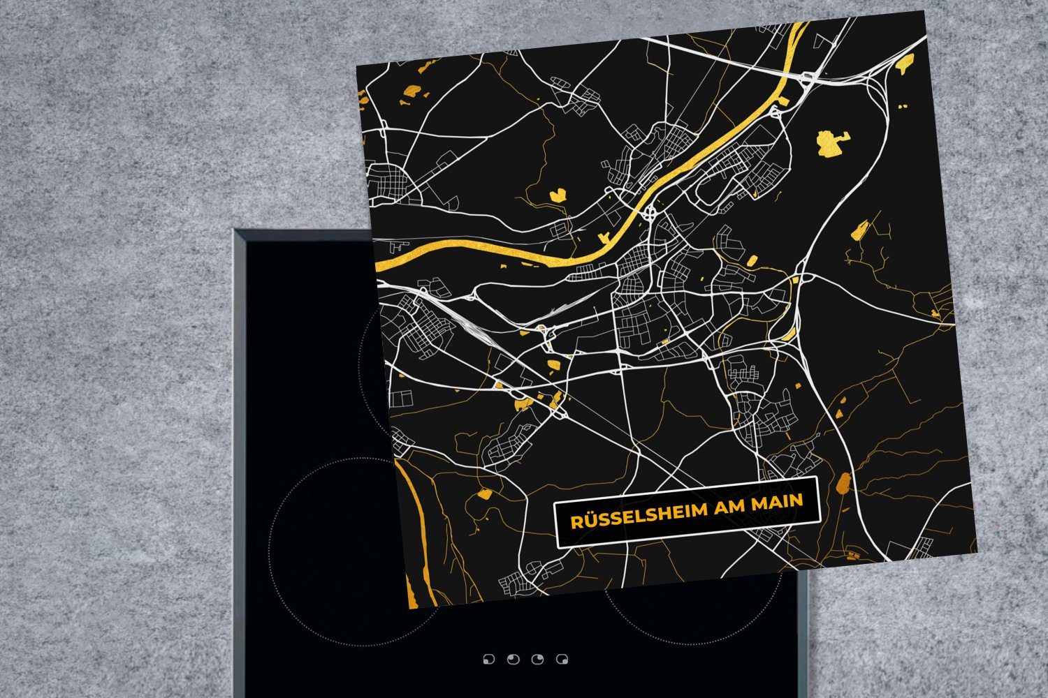 tlg), Ceranfeldabdeckung, Deutschland 78x78 küche (1 Karte Stadtplan - Rüsselsheim - - Arbeitsplatte - Gold Vinyl, MuchoWow cm, Main, für Herdblende-/Abdeckplatte am