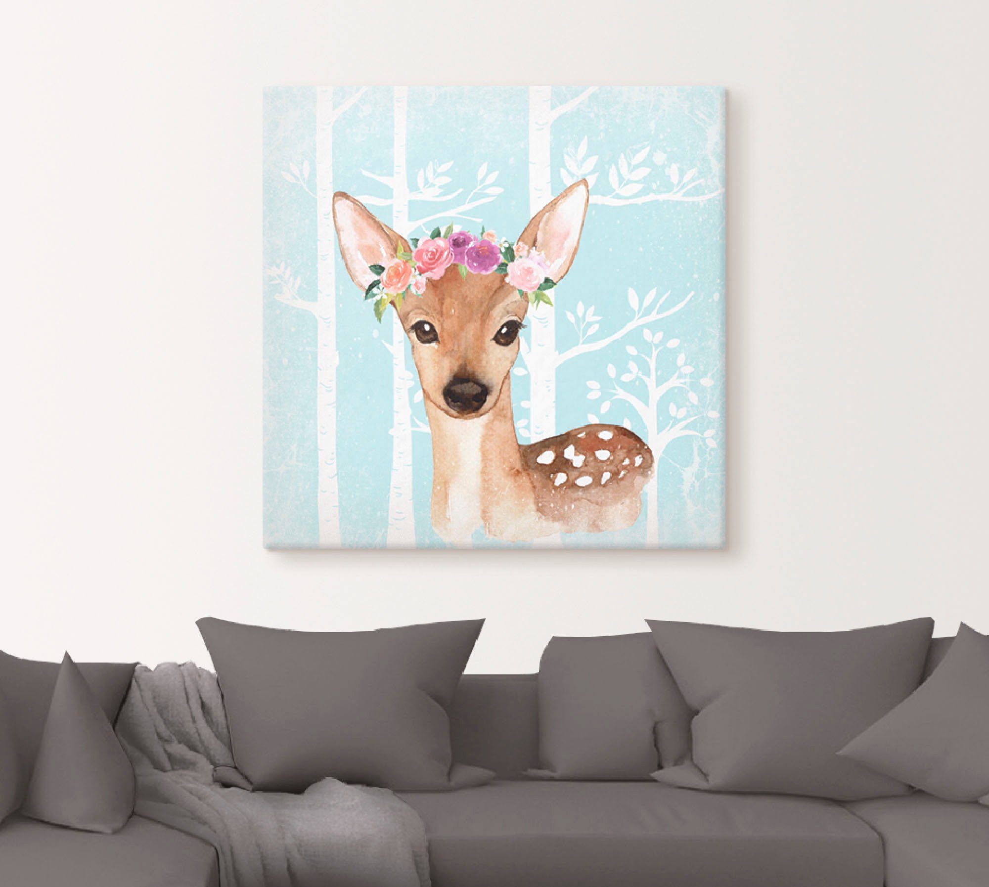 Artland Leinwandbild Wild Reh mit Blumen im blauen Wald, Tiere (1 St), auf Holzrahmen gespannt