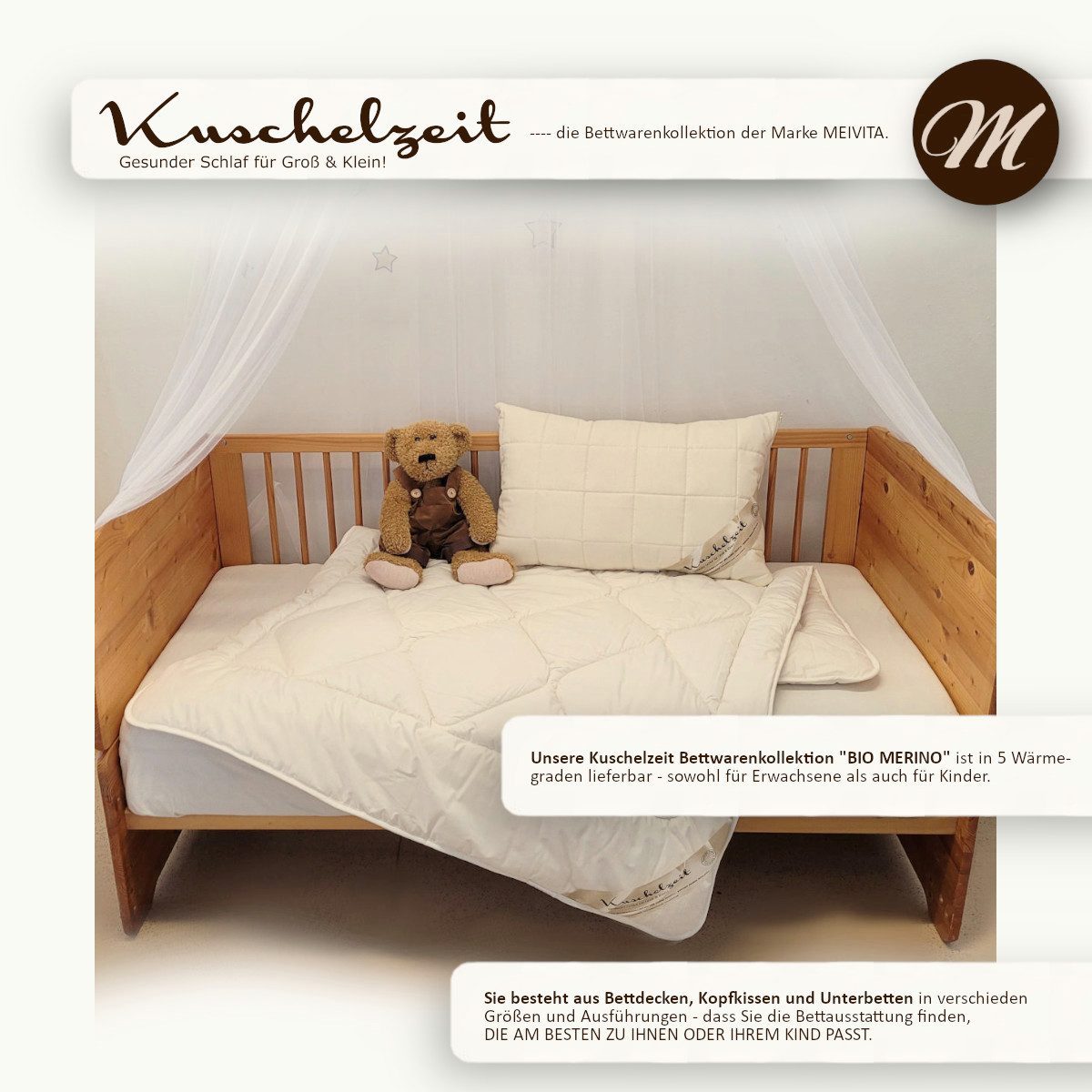 Meivita Kinderbettdecke Bio Merino extra leichte Kinder Sommerdecke kbA und kbT in 100x135 cm, Füllung: 100% Wolle kbT, Bezug: 100% Baumwolle kbA, Bettdecke Hergestellt in Deutschland