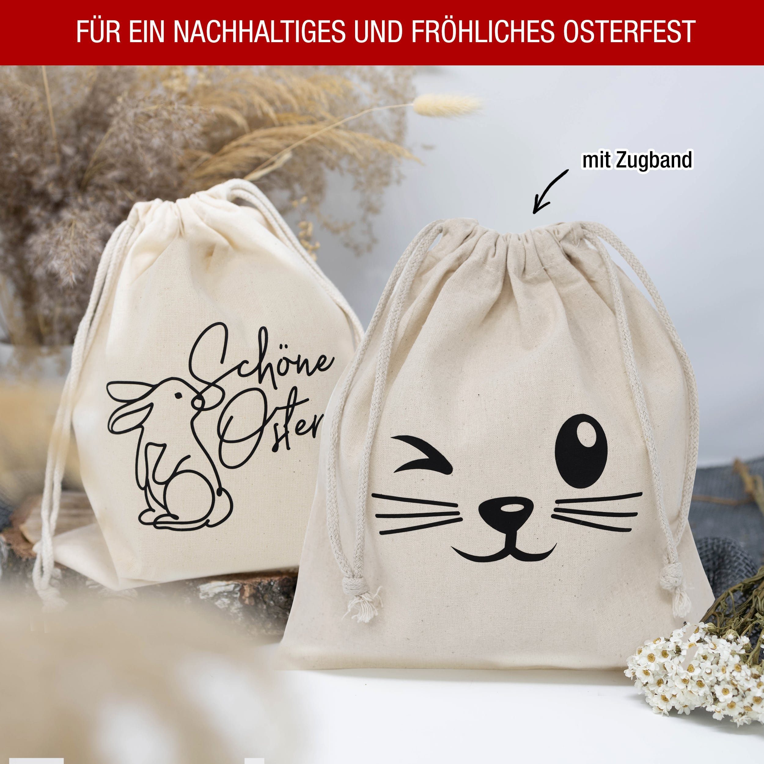 TOBJA Osternest Oster- Baumwollbeutel-Set mit süßen Hasenmotiven, Geschenksäckchen 25x30cm Osterhasen Ostergeschenk