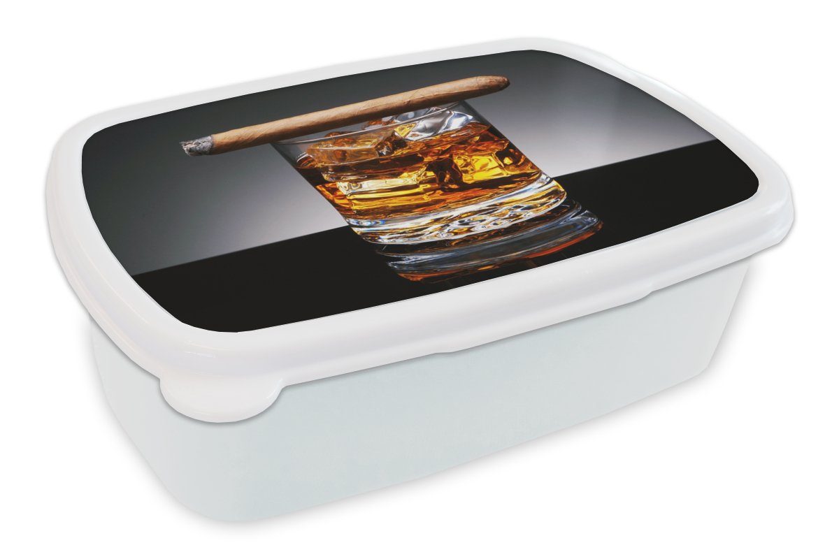 MuchoWow Lunchbox Whiskey - Zigarre - Glas, Kunststoff, (2-tlg), Brotbox für Kinder und Erwachsene, Brotdose, für Jungs und Mädchen weiß
