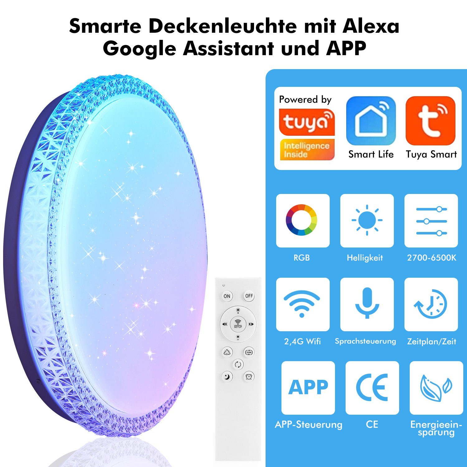 iscooter Deckenleuchte RGB Sternenhimmel Dimmbar, für RGB, Kaltweiß, Deckenleuchte fest Fernbedienung integriert, Wohnzimmer Warmweiß, 20W Deckenlampe, Kristall APP, 6cm, LED Küche 36W Kinderzimmer x Ø40cm LED Neutralweiß, LED