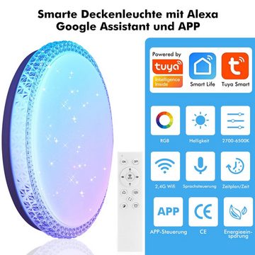 iscooter Deckenleuchte RGB Sternenhimmel Dimmbar, Fernbedienung APP, Ø40cm x 6cm, LED fest integriert, RGB, Warmweiß, Neutralweiß, Kaltweiß, 36W Kristall LED Deckenlampe, für Wohnzimmer Küche Kinderzimmer