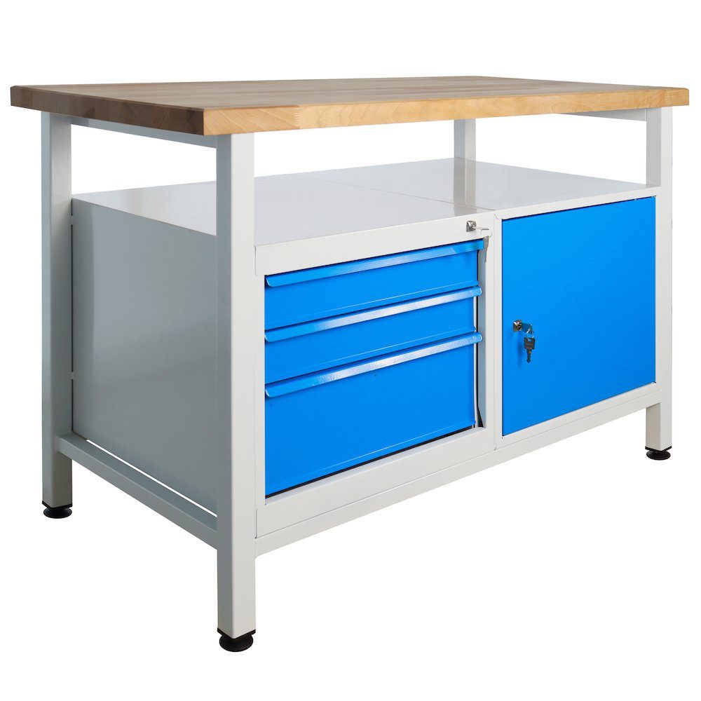 PROREGAL® Werkbank + Tür, Ablagefläche mit Grau/Blau 1 Rhino + Lichtblau 3 Werkbank Schubladen