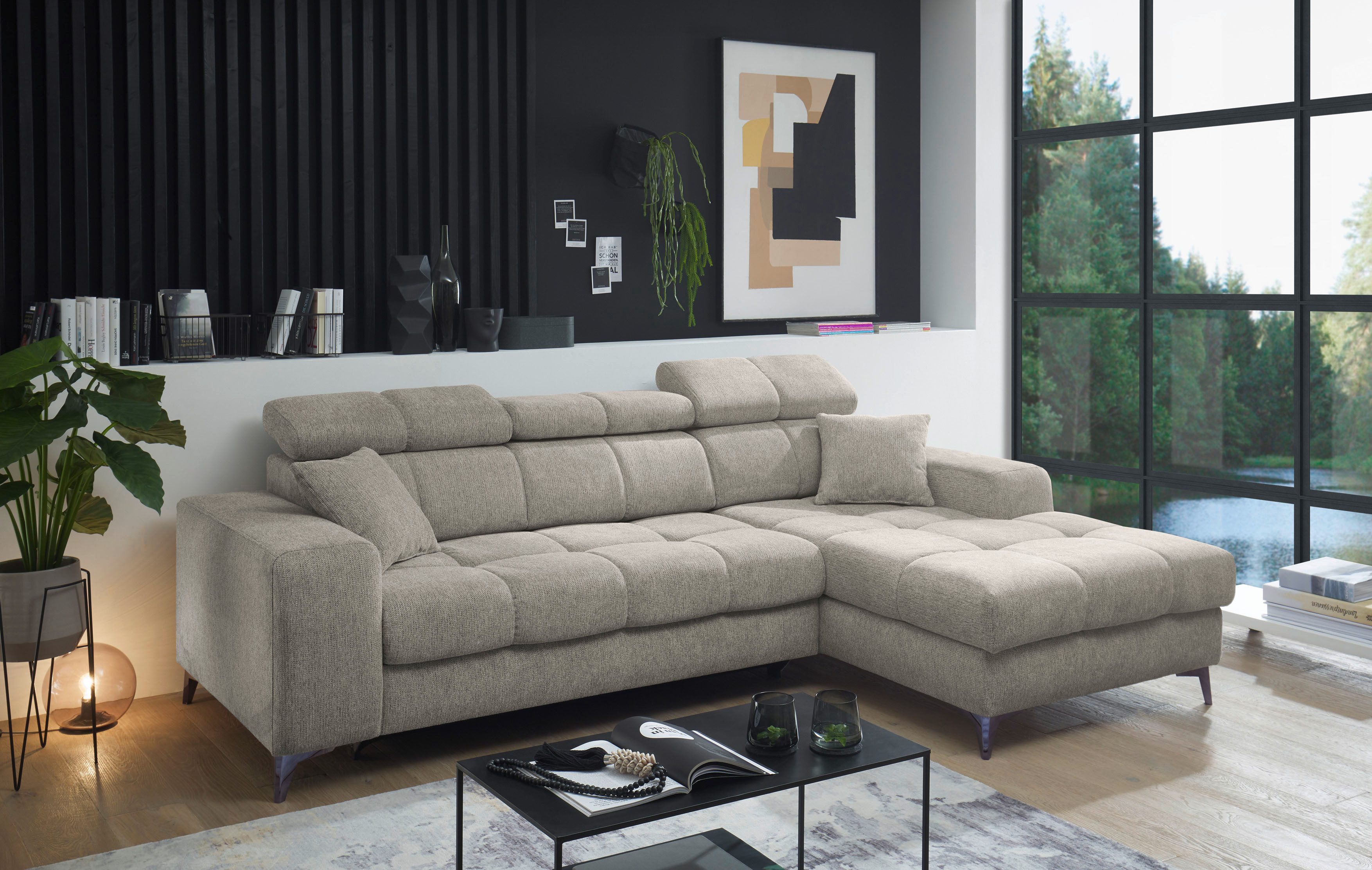 ED EXCITING DESIGN Ecksofa Sydney L-Form mit Bettfunktion, Bettkasten, Kopfteilverstellung, motorischer Sitztiefenverstellung, USB-Port & 2 Zierkissen