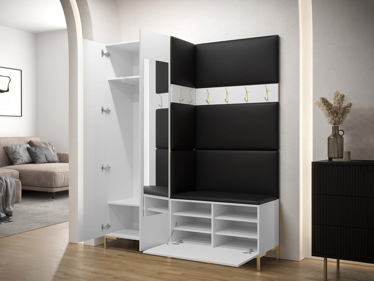 MIRJAN24 Garderoben-Set Zilion IX, (Komplett-Set, Schrank mit Spiegel, 2x Kleiderhaken, Paneel 3x 42x42, 4x 84x42), Auswahl aus Fronten und Polsterplatten
