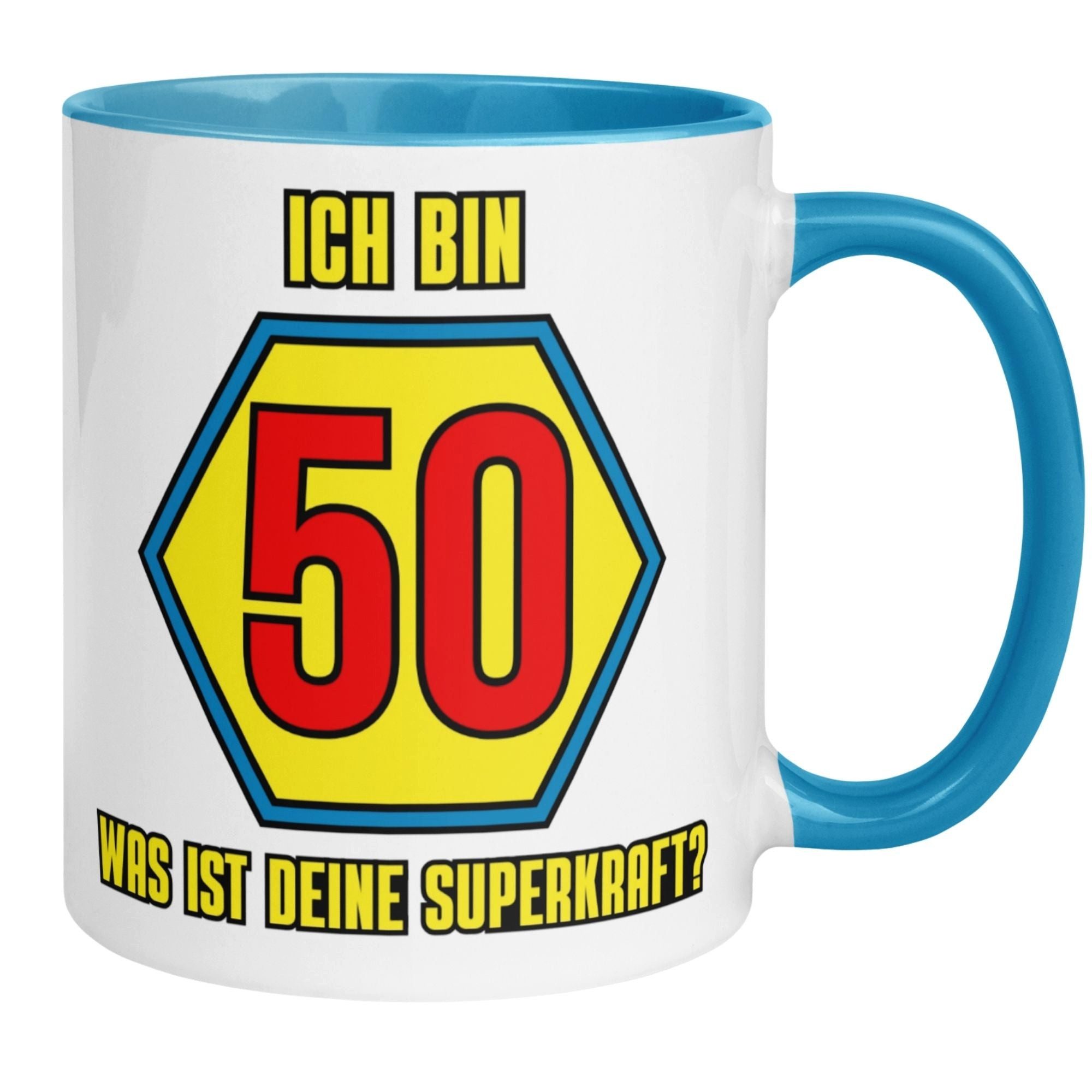 Momentals Tasse 50 Geburtstag Mann – „Deine Superkraft?“ – Geburtstagsgeschenk Männer, Beidseitiger Druck · Links- & Rechtshänder · Spülmaschinenfest