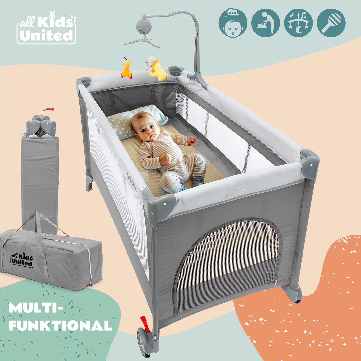 all Kids United Baby-Reisebett Tragbares Reisebett für Babys – Babybett mit Matratze, mit Wickelauflage