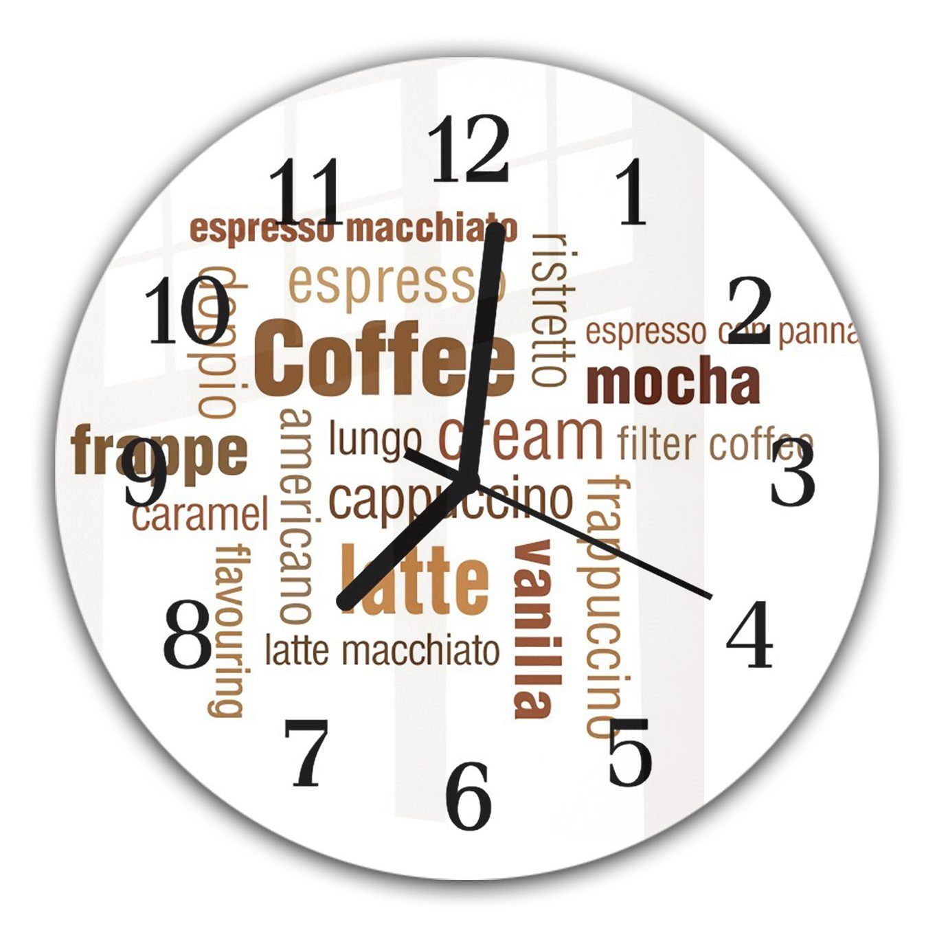 Primedeco Wanduhr Wanduhr aus Glas mit Motiv Digitale Kaffeedarstellung - Rund mit Durchmesser 30 cm und Quarzuhrwerk