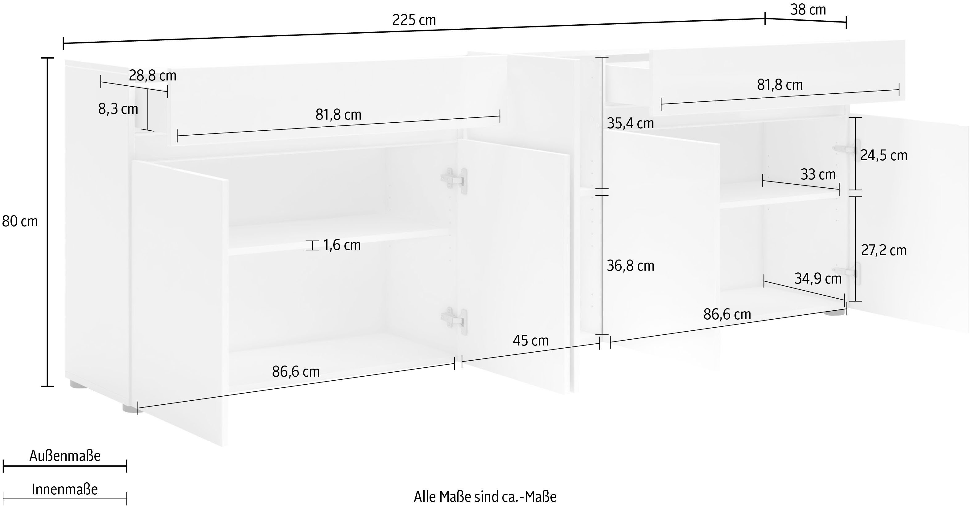 Home affaire Sideboard MISTER, Kommode, Schrank, Anrichte, Breite 225 cm, Made in Italy, 5 Türen, 2 Schubladen, Hochglanz lackiert, 225/80 cm
