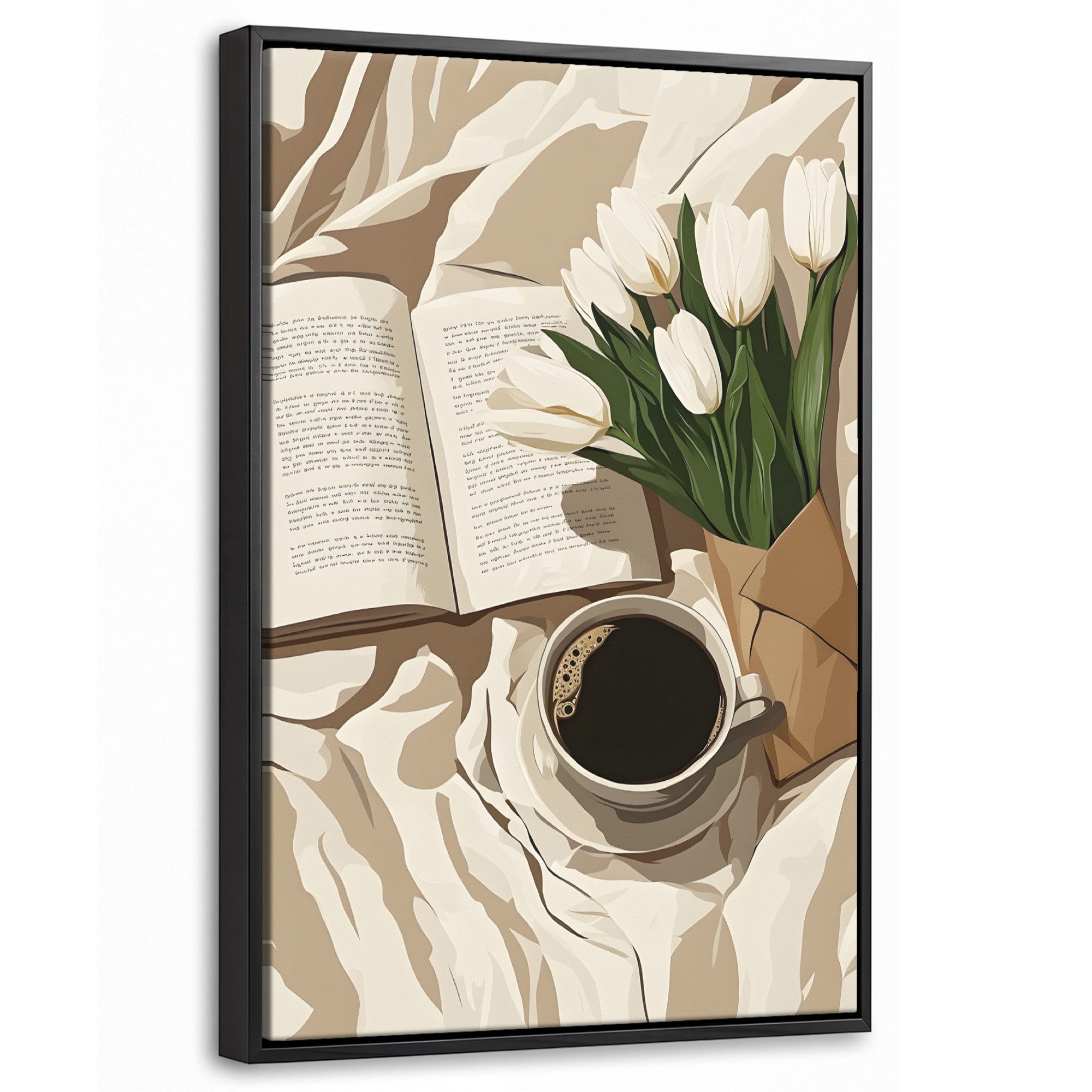 OneMillionCanvasses® Leinwandbild mit Rahmen - Buch - Illustration - Tulpen - Kaffee, Fotodruck (1 St), Deko für Wohnzimmer Schlafzimmer Küche 20x30cm