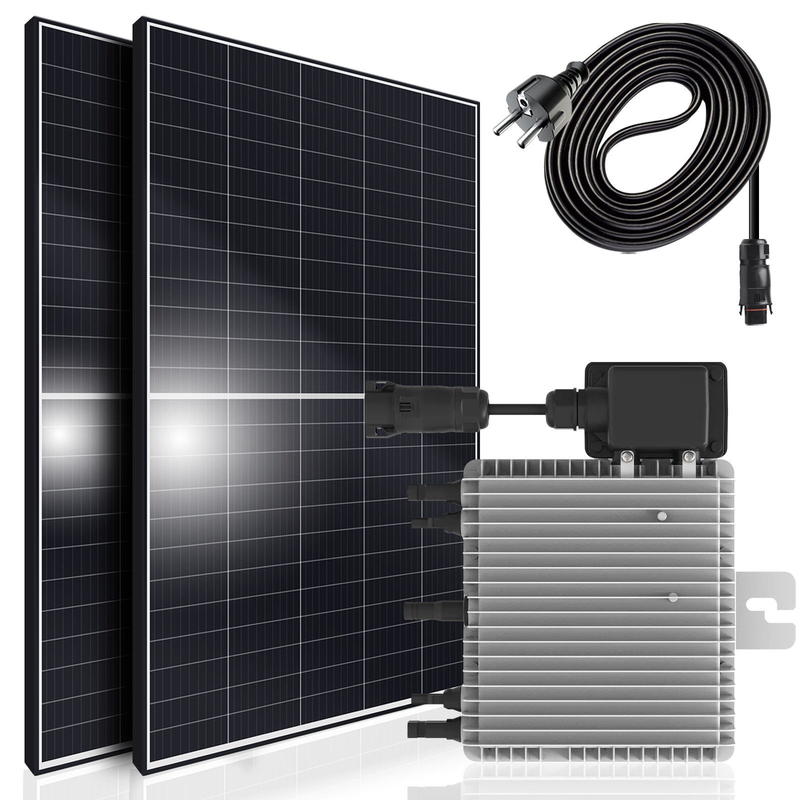 SUNNIVA Balkonkraftwerk Black Frame 900/800W Solaranlage, (mit 800W Deye Micro Wechselrichter mit WIFI, upgradebar drosselbar, 2x450W Solarmodule, 900 Watt Gesamtleistung, 5m Kabel, steckerfertige Solaranlage mit Solarkabel, Inverter, PV), Photovoltaikanlage Balkon Mini-PV Anlage, Solarpanel