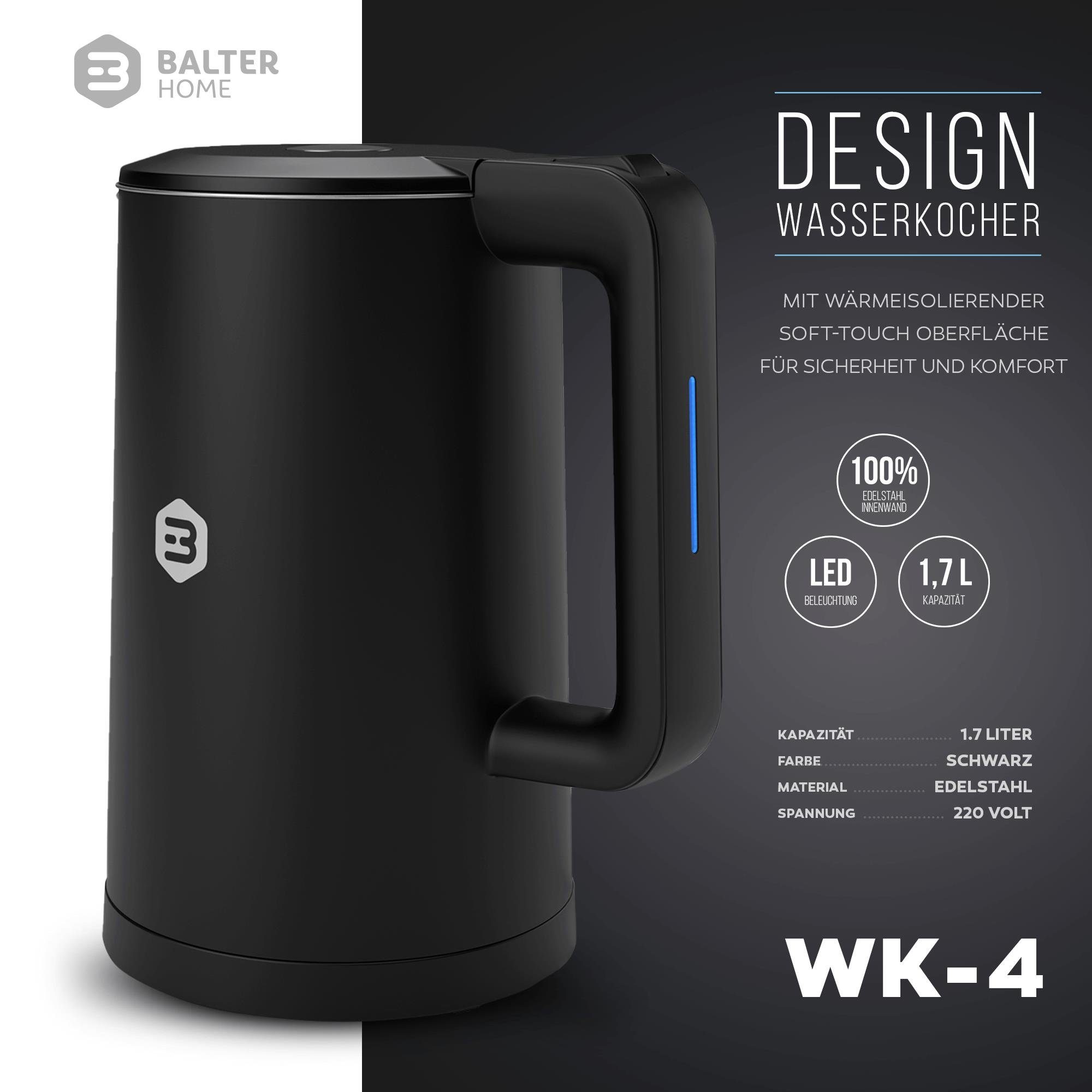 frei, Edelstahl, LED, BPA Balter schwarz WK-4, Design, 1,7 Wasserkocher Doppelwand Liter,