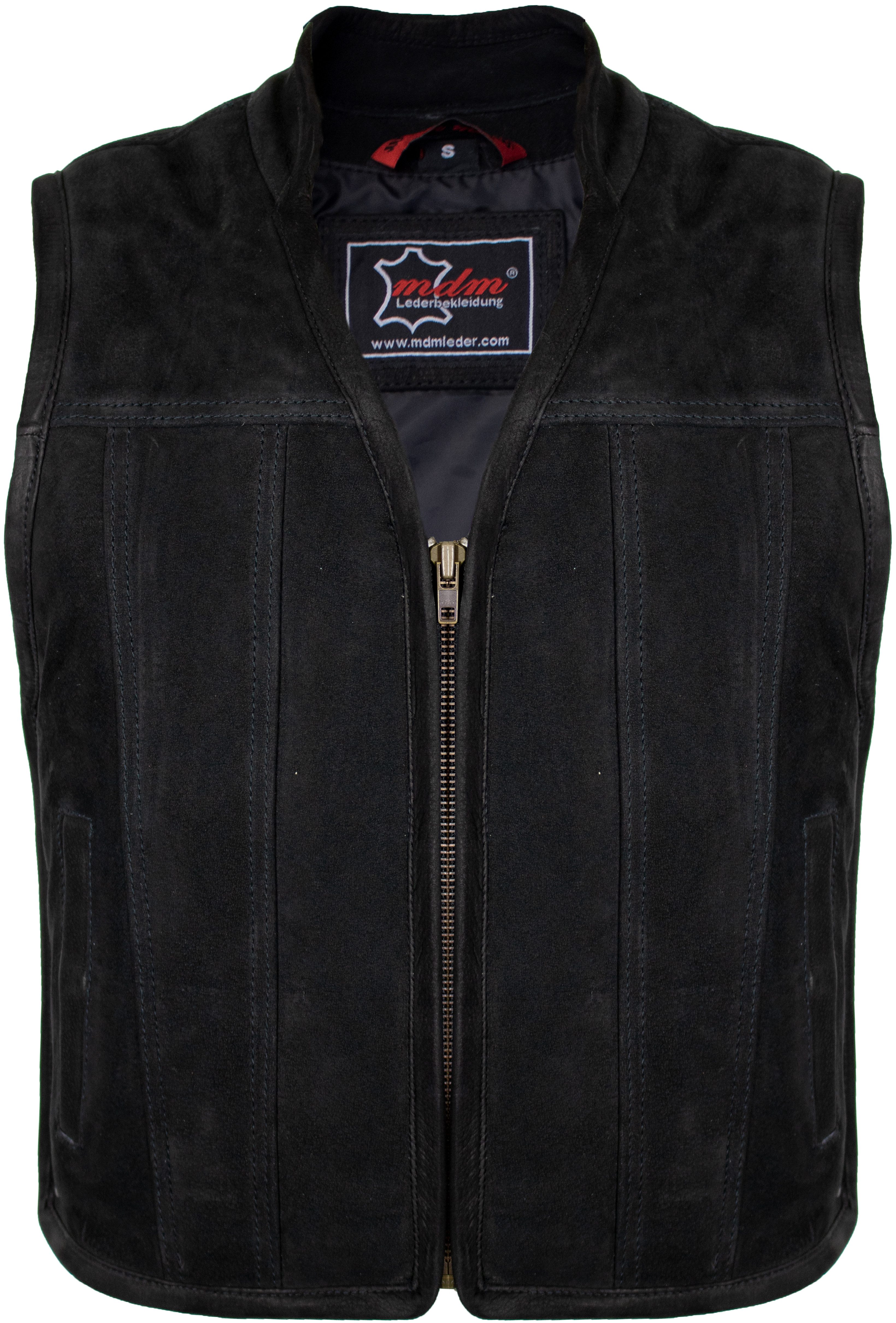 MDM Motorradweste Matt Schwarze Herren Lederweste mit Reißverschluss, halber Stehkragen An den Seiten erweiterbar