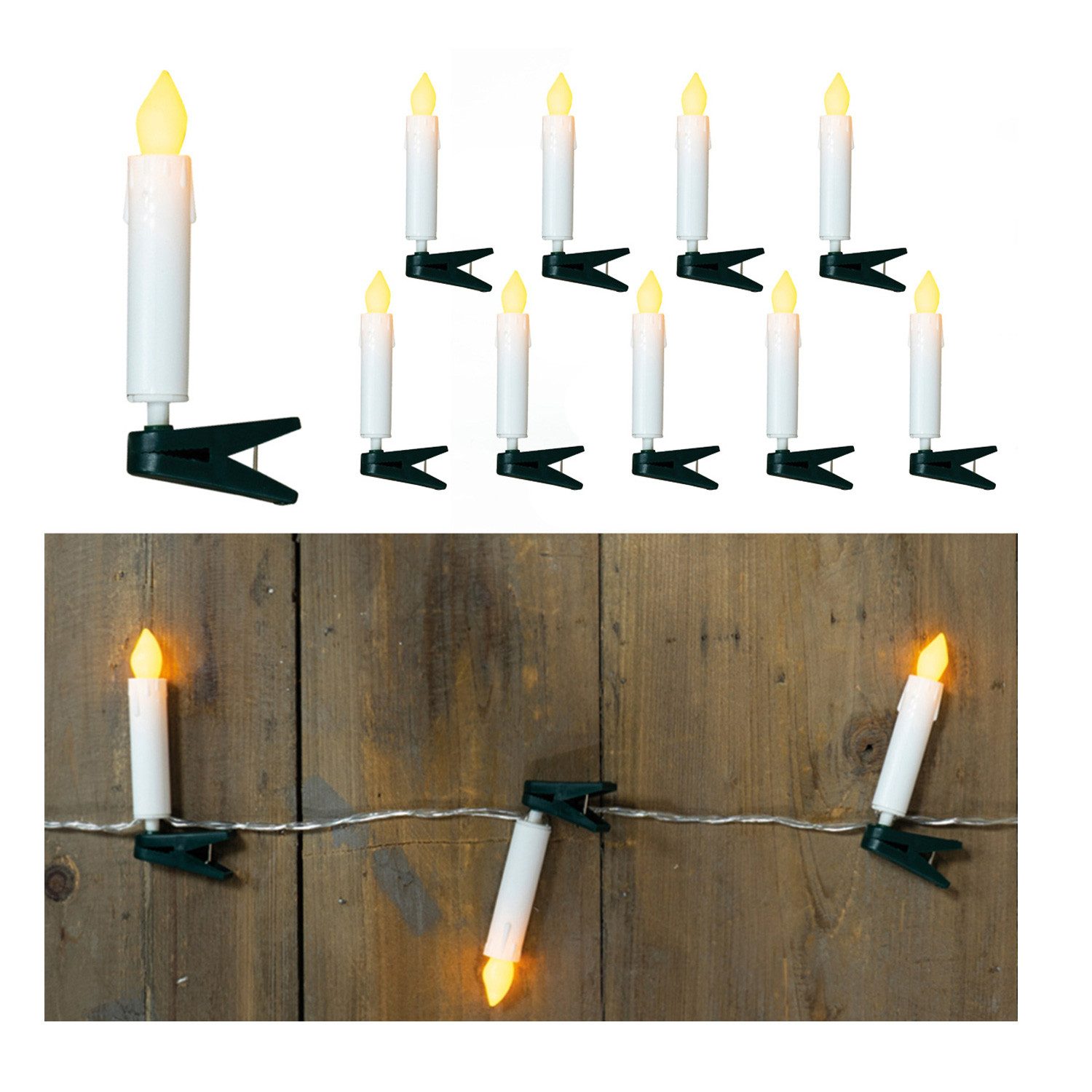 MARELIDA LED-Christbaumkerzen LED Kerzenkette 10 Miniatur Baumkerzen mit Clip Batteriebetrieb 70cm, 10-flammig