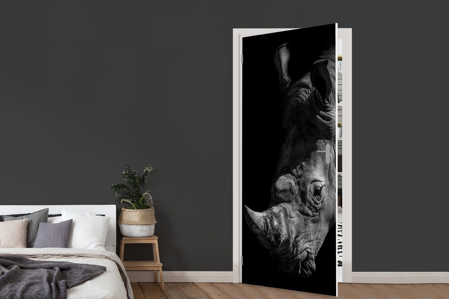 Hintergrund, eines (1 Fototapete cm Türaufkleber, Türtapete auf für St), Matt, Tür, schwarzem Nashorns bedruckt, MuchoWow 75x205 Nahaufnahme