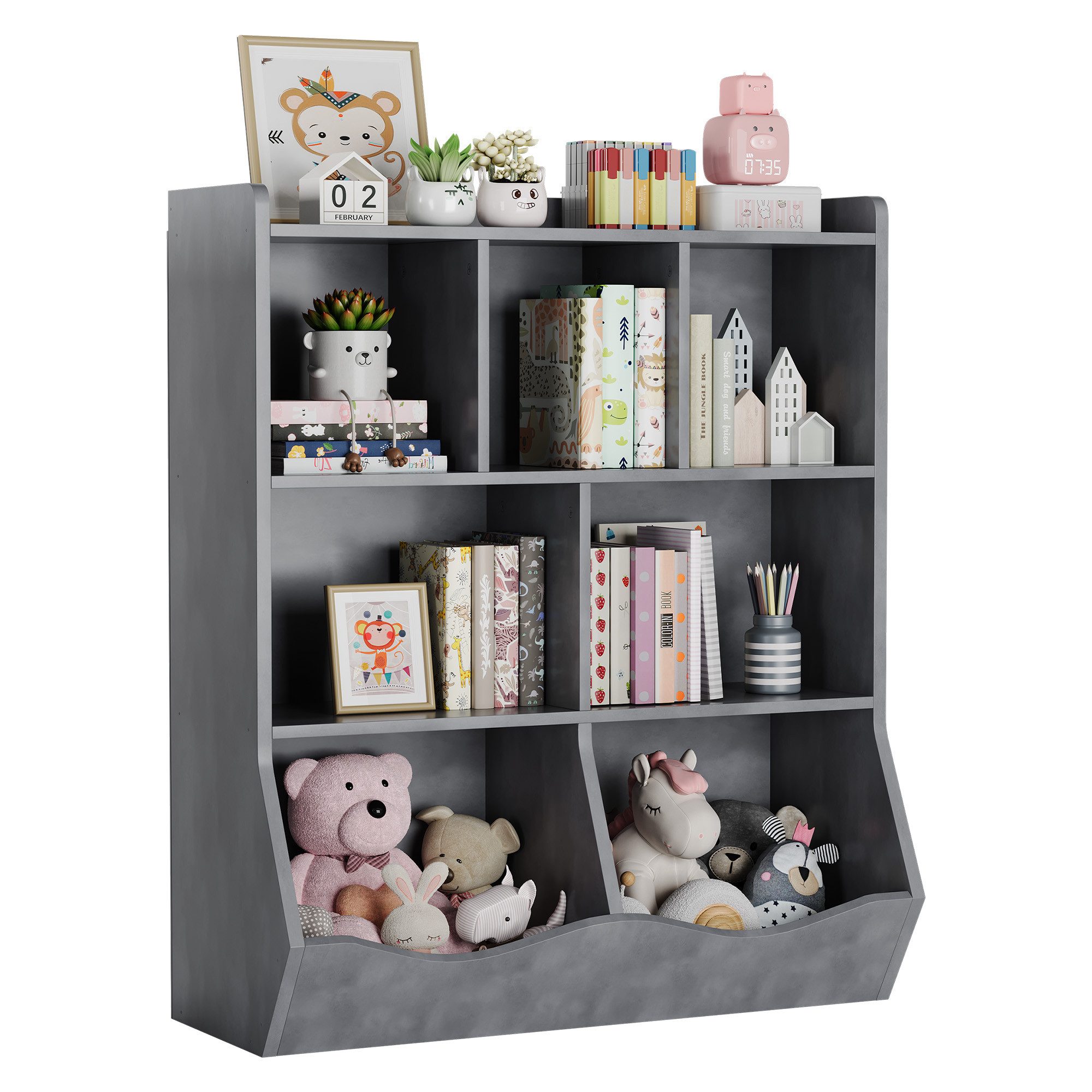 GarveeMore Kinderregal Bücherregal Kinder Spielzeugregal mit 7 Fächern 92x30x180cm