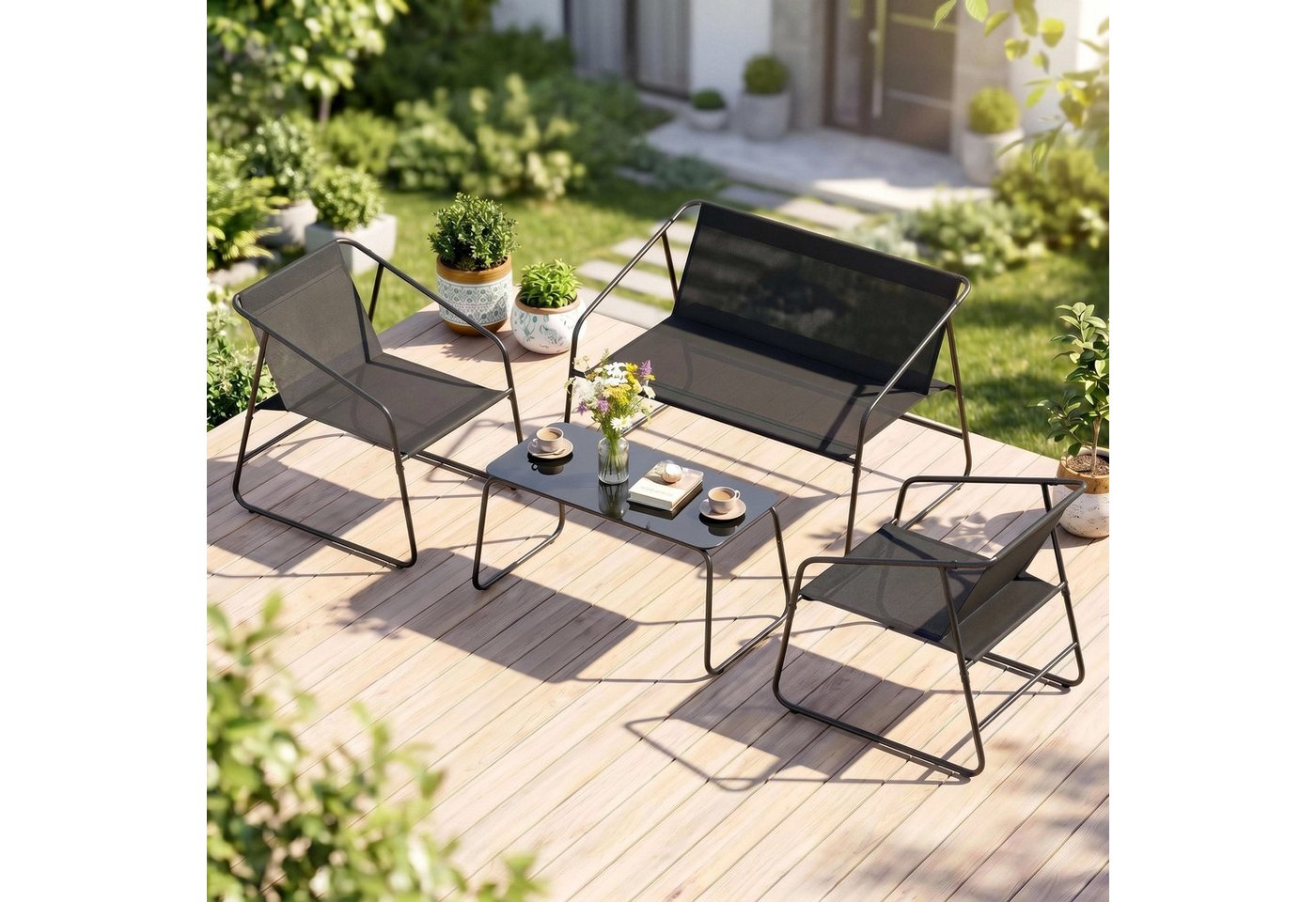 TLGREEN Gartenlounge-Set Gartenmöbel Set 4 Teilig, (Klapptisch und Stühle Set für 4 Personen, Textilene Balkonmöbel mit 2er Sofa, 2 Stühlen & Glastisch), Wetterfeste Outdoor Sitzgruppe für Terrasse Garten
