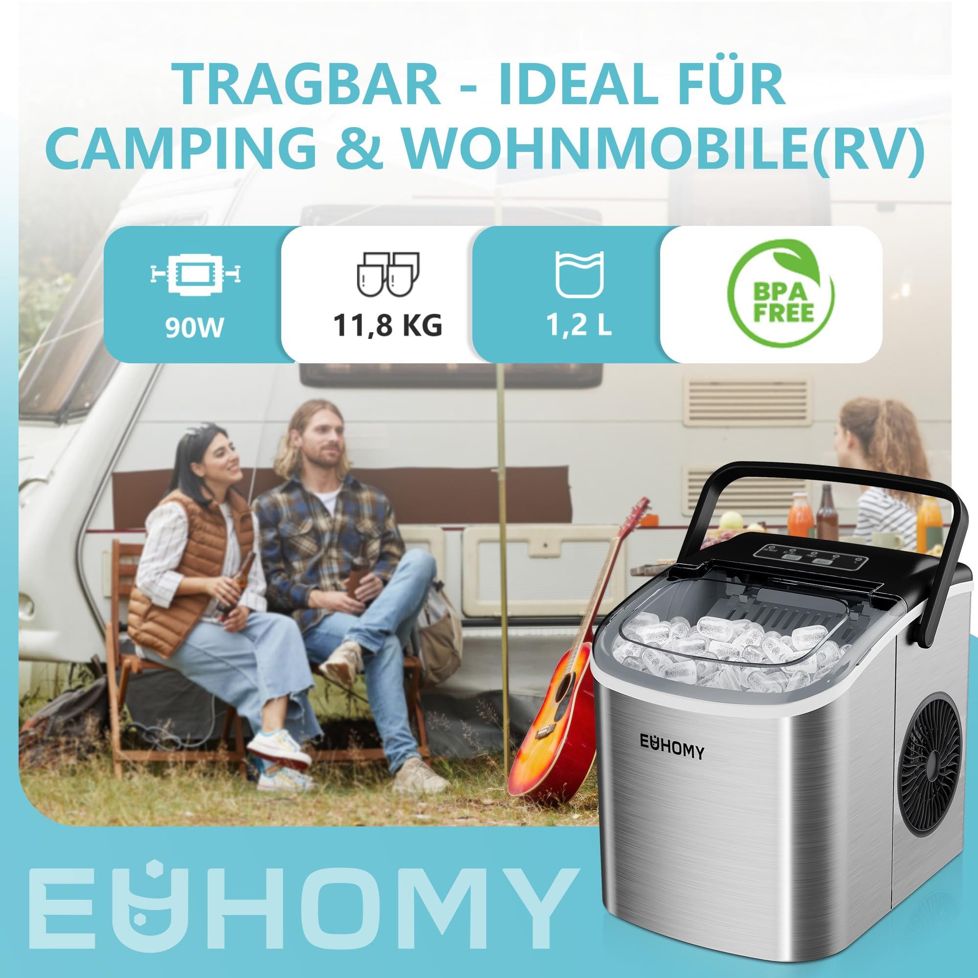 EUHOMY Eiswürfelmaschine Kleine Eiswürfelmaschine, 9 Eiswürfel in 6 Minuten, 12 kg/24 Stunden, selbstreinigende, Eiswürfelmaschinen für Zuhause, Küche, Büro und Bar